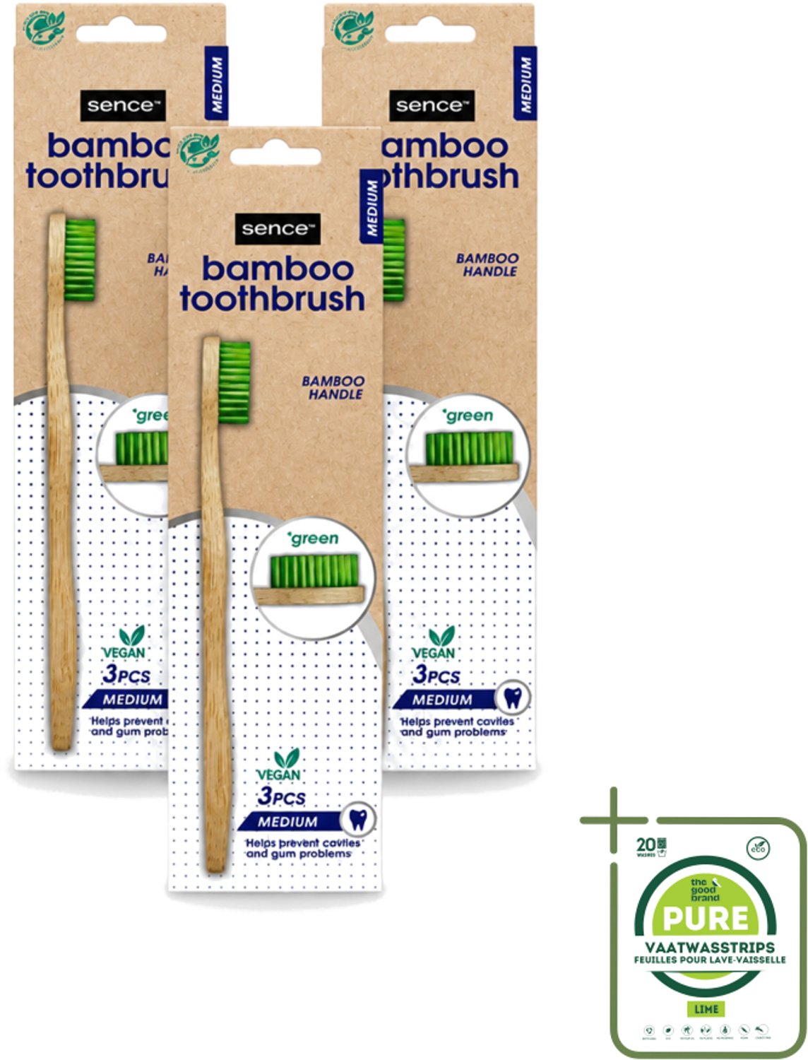 3 x Sence - Bamboo - Tandenborstels - Medium - Set van 3 - Groen - Grootverpakking - Tandenborstel - Duurzaamheid - Bamboo - Mondverzorging - Vegan