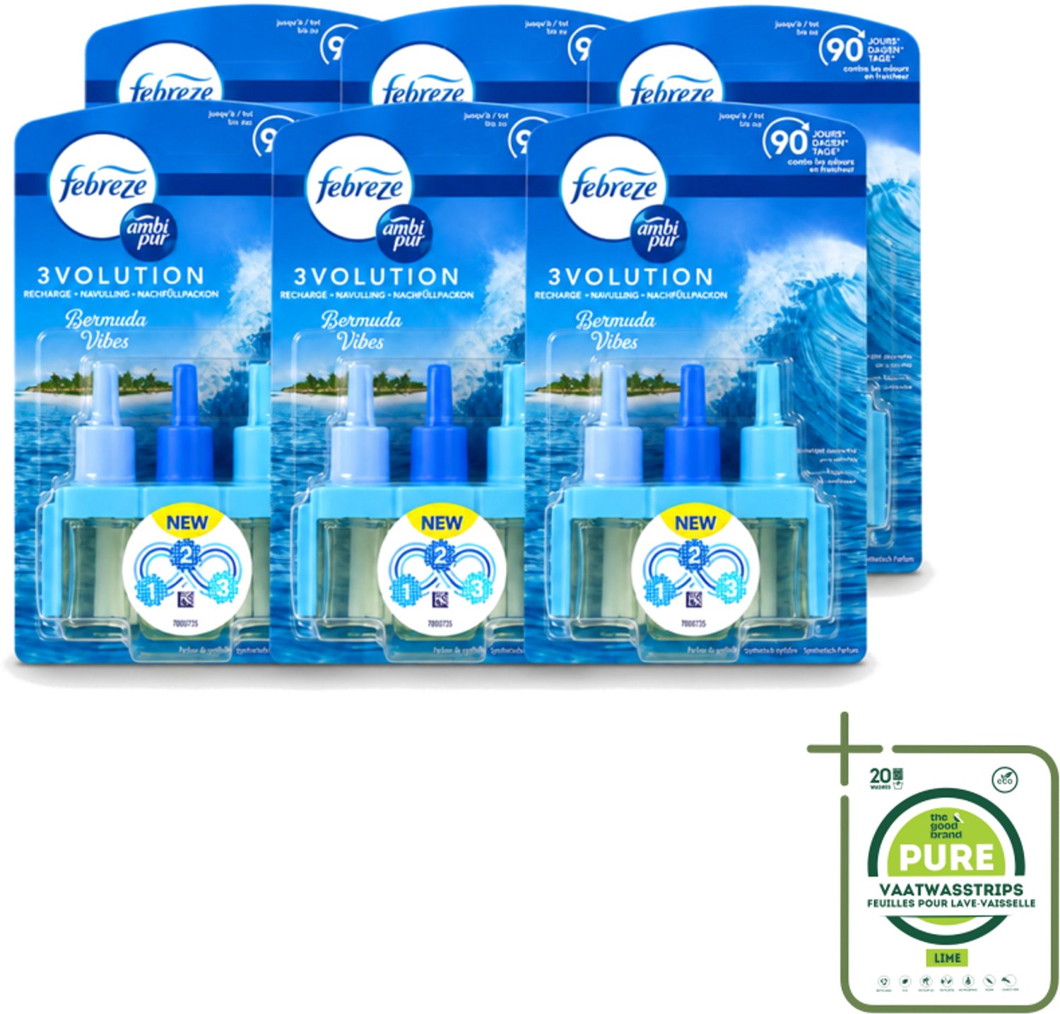 6 x Ambi Pur 3volution - Bermuda Vibes Navulling - Luchtverfrisser - 20 ml - Grootverpakking - Vaatwasstrips - Luchtverfrisser - Oceaan Geur - Geurverspreiding - Geurapparaat - Geur Sfeer