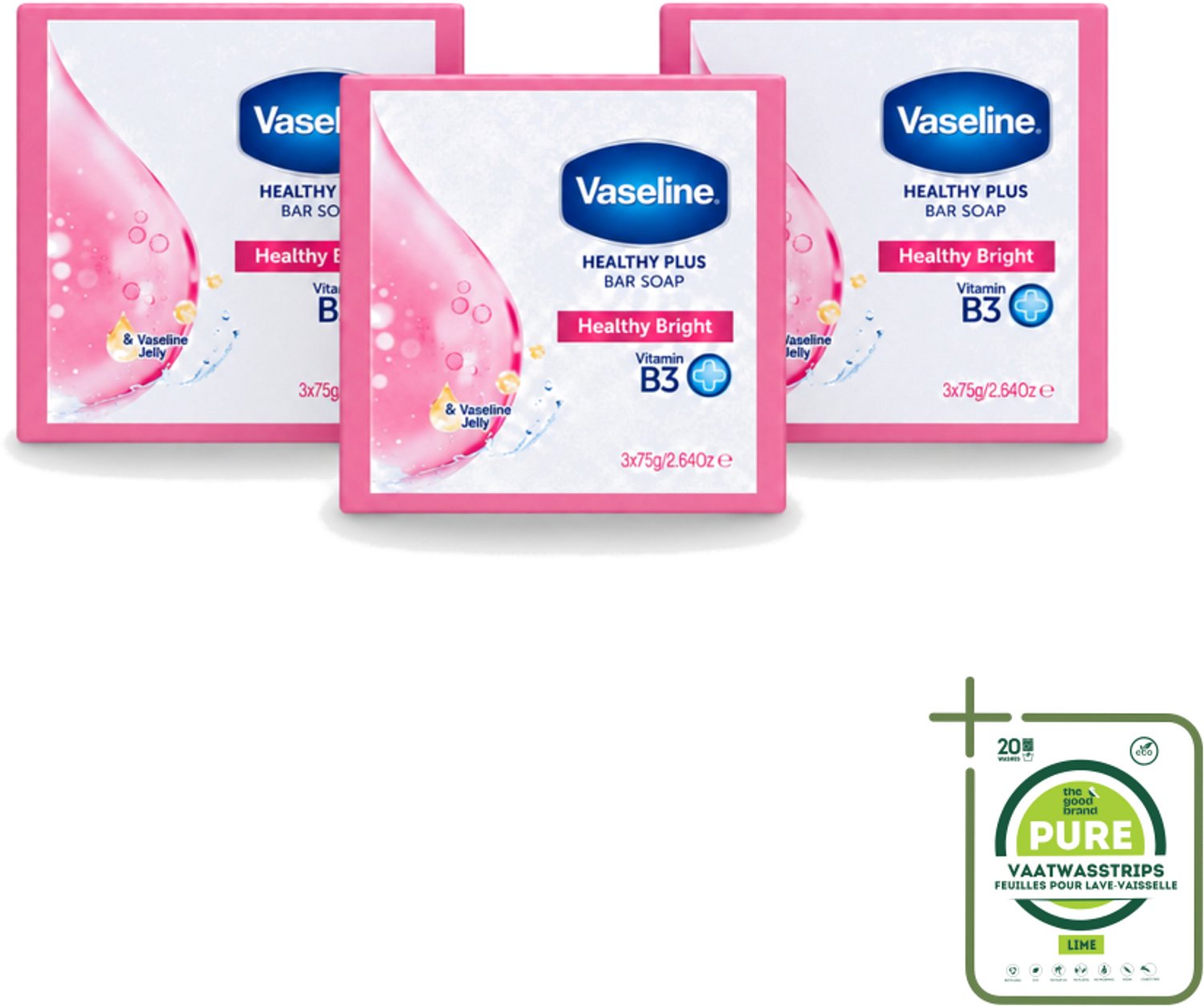 3 x Vaseline - Healthy Bright - Zeeptablet - Reinigend & Verzorgend - 3x75 ml - Grootverpakking - Vaatwasstrips - Zeep - Huidverzorging - Reiniging - Gezondheid - Handen