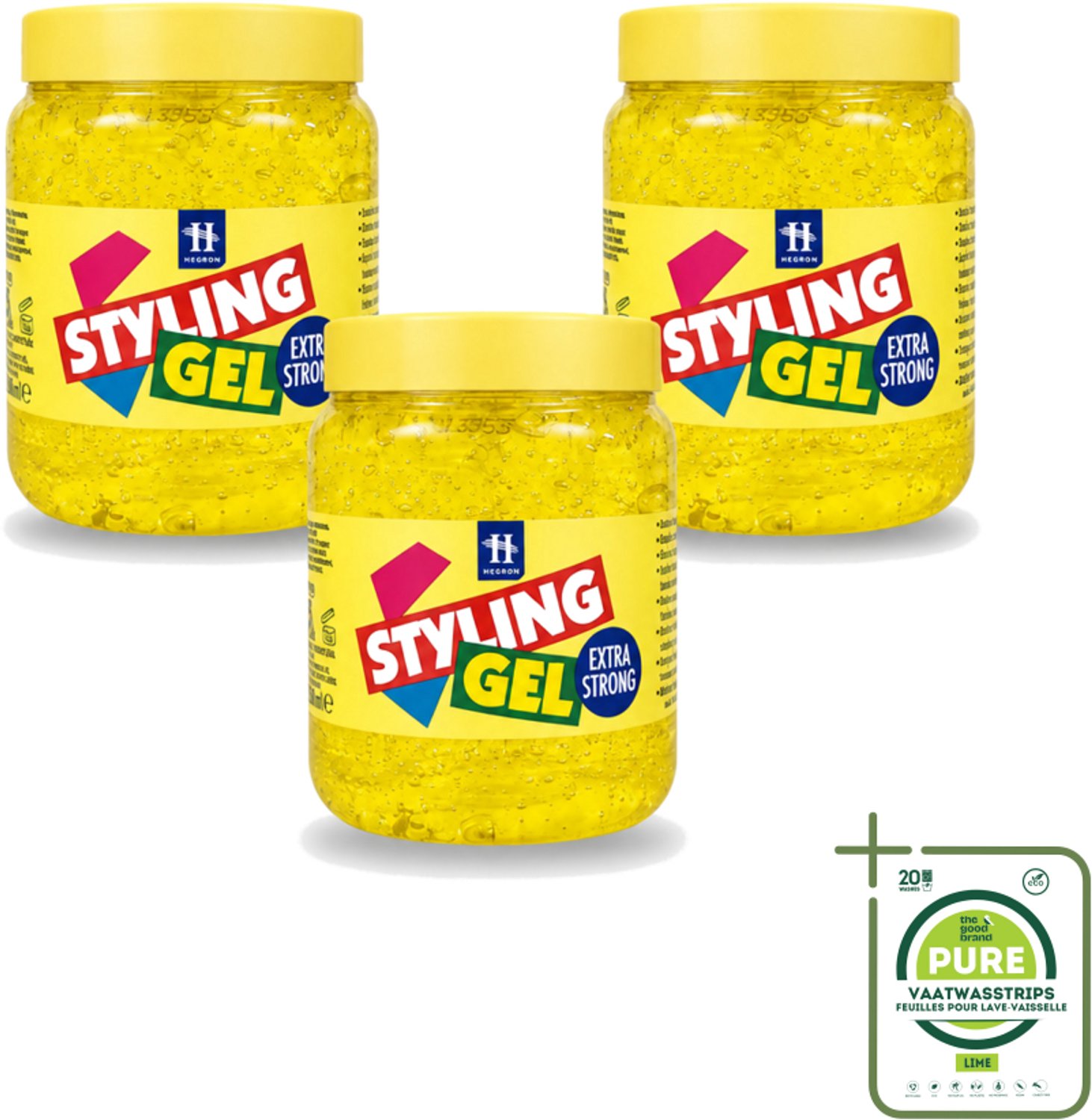 3 x Hegron - Styling Haargel - Extra Strong - Voor Sterke Fixatie - 500 ml - Grootverpakking - Vaatwasstrips - Haarkleur - Haartype - Stylinggel - Haartypen - Haartypen