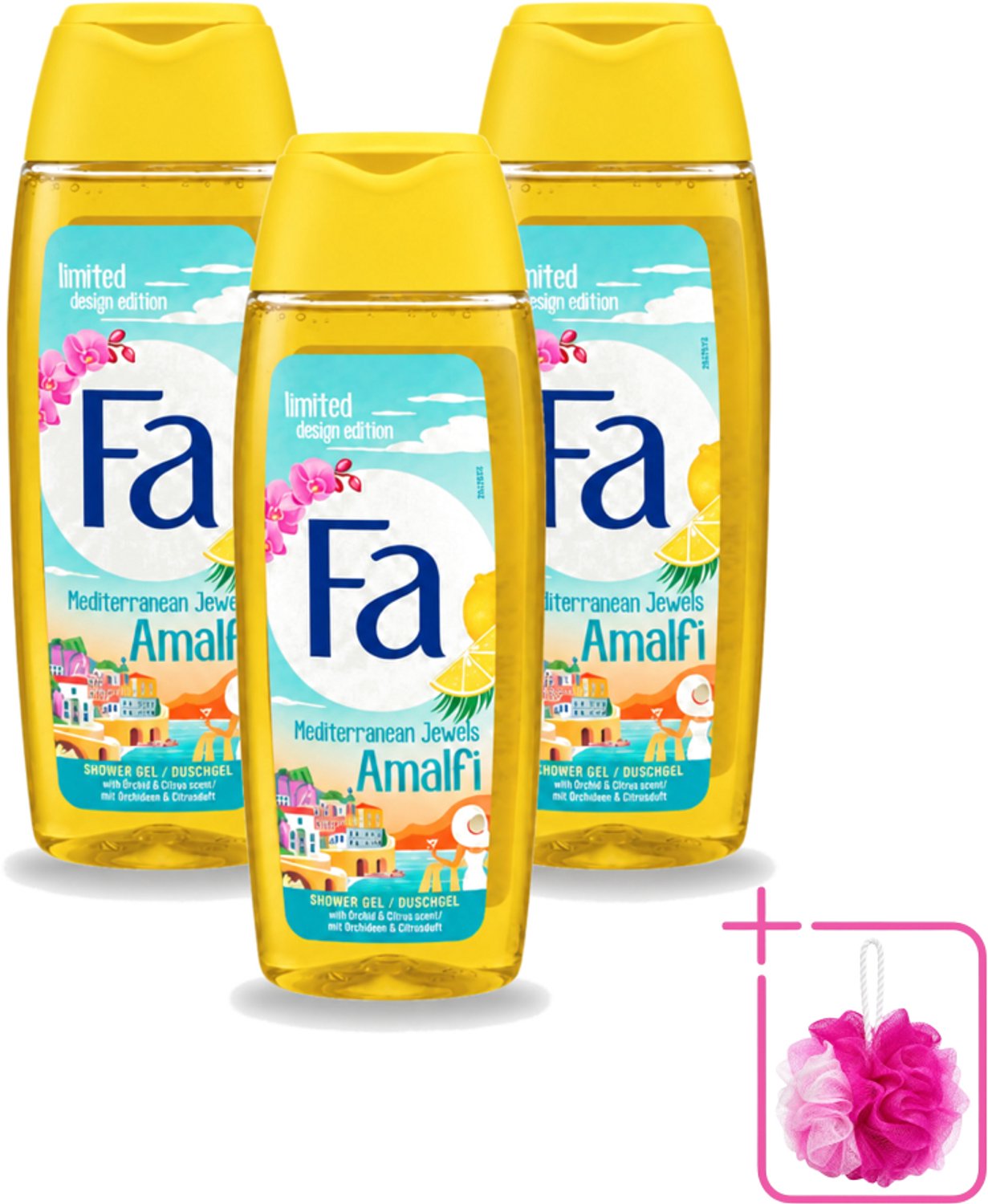 3 x Fa - Douchegel - Mediterranean Jewels Amalfi - Orchidee & Citrus - Frisse & Tropische Geur - Verfrissend - 250 ml - Bulkverpakking - Douchegel orchidee citrus - Douchemop - Tropische geur