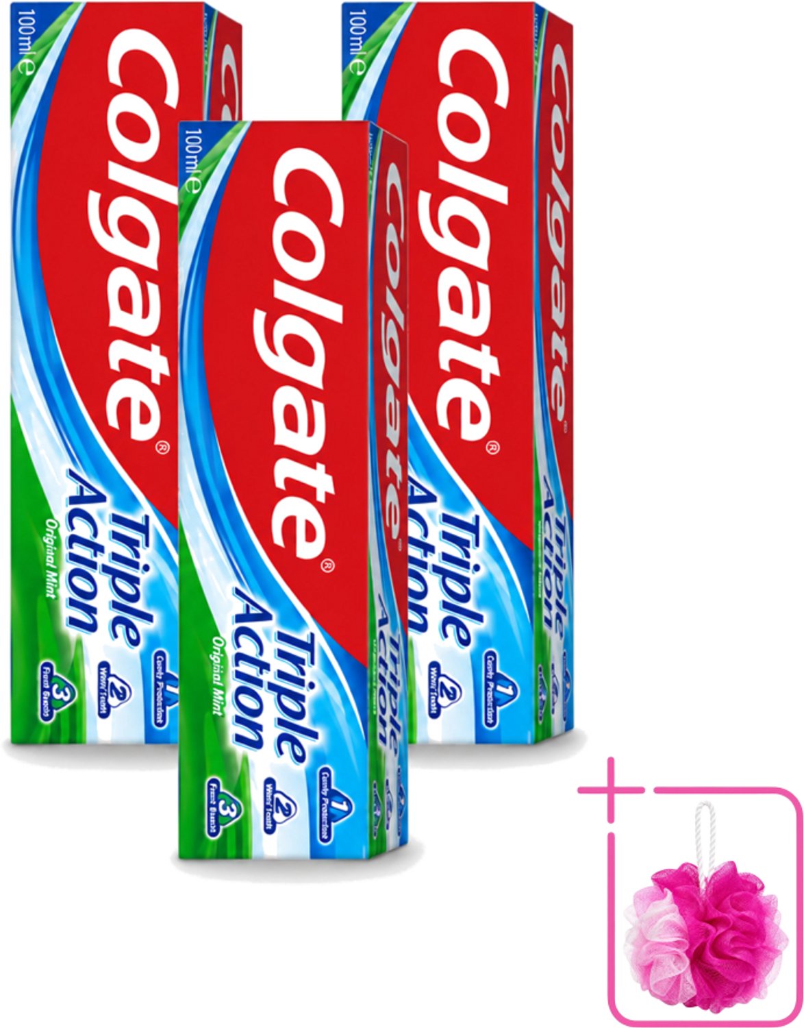 3 x Colgate - Triple Action - Original Mint - Tandpasta - 100ml - Bulkverpakking - Tandpasta - Douchemop - Gaatjesbescherming