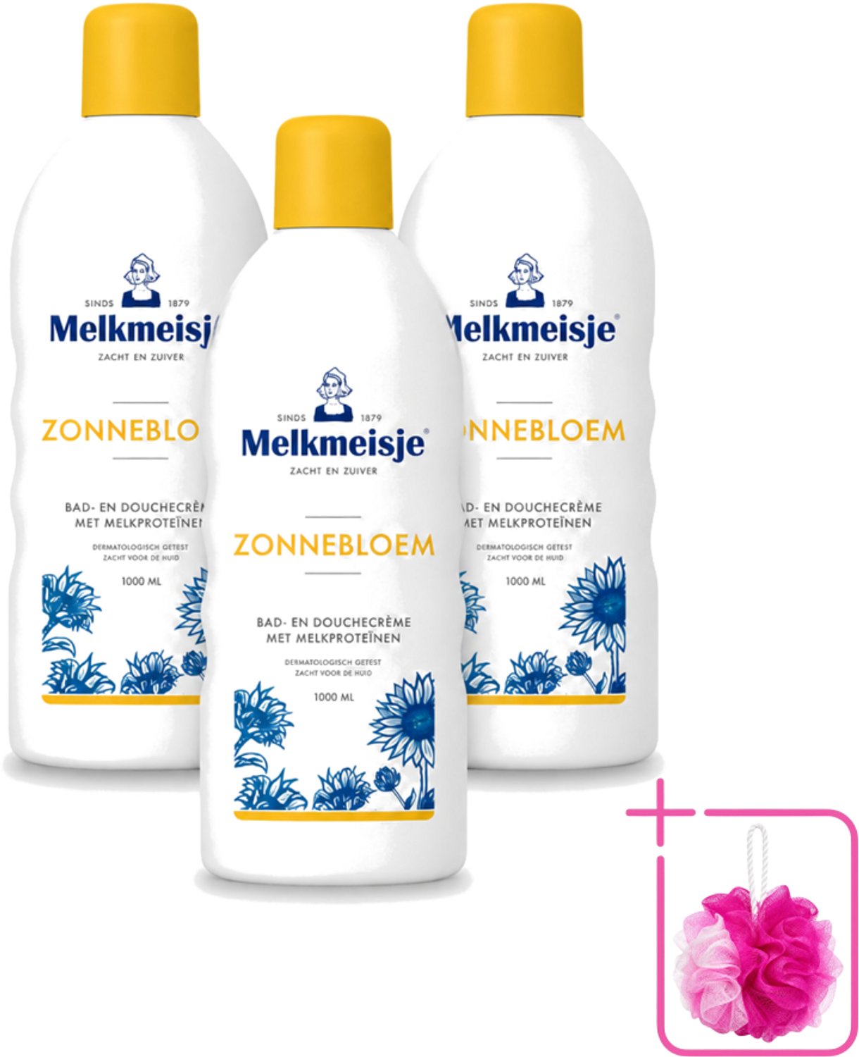 3 x Melkmeisje - Bad & Douche Zonnebloem - Romig Parfum - 1000 ml - Bulkverpakking - Douchecrème - Douchemop - Melkmeisje