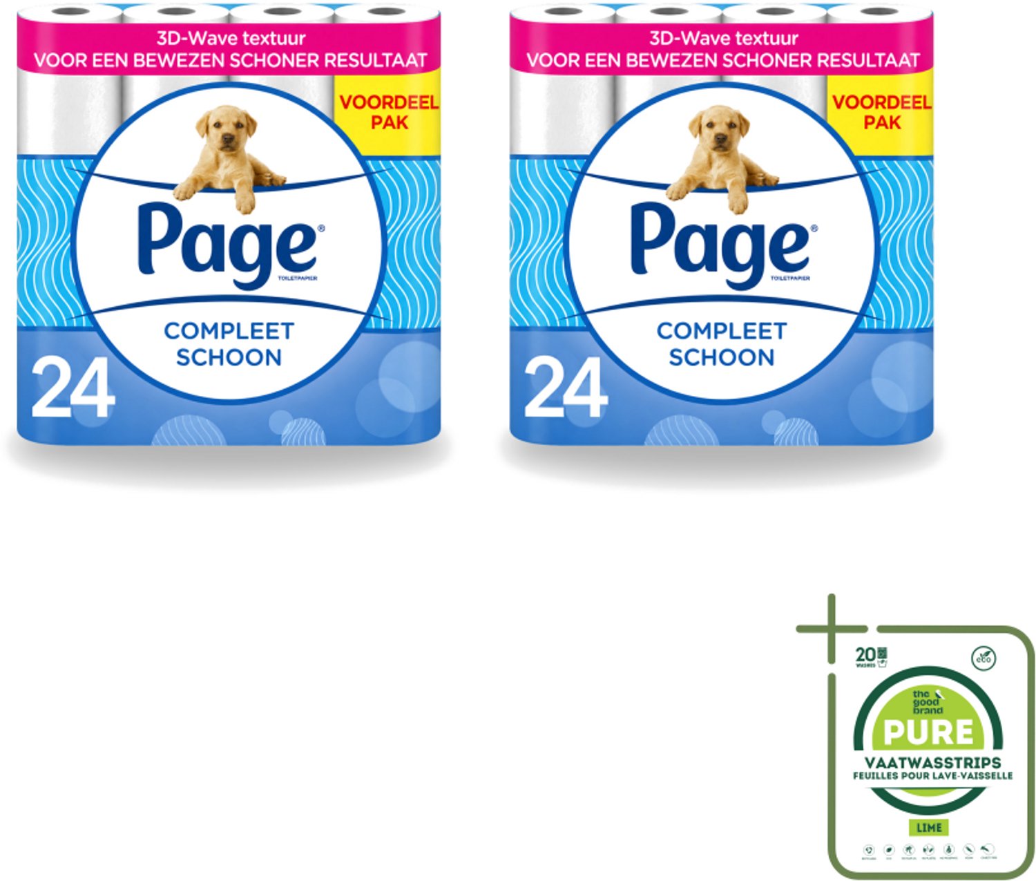 2 x Page - Compleet Schoon - Toiletpapier - 2-Laags - Comfortabel & Zacht - 24 Rollen - Grootverpakking - Vaatwasstrips - Toiletpapier - 2-laags Toiletpapier - 3D Wave™ - Katoen - Hygiëne