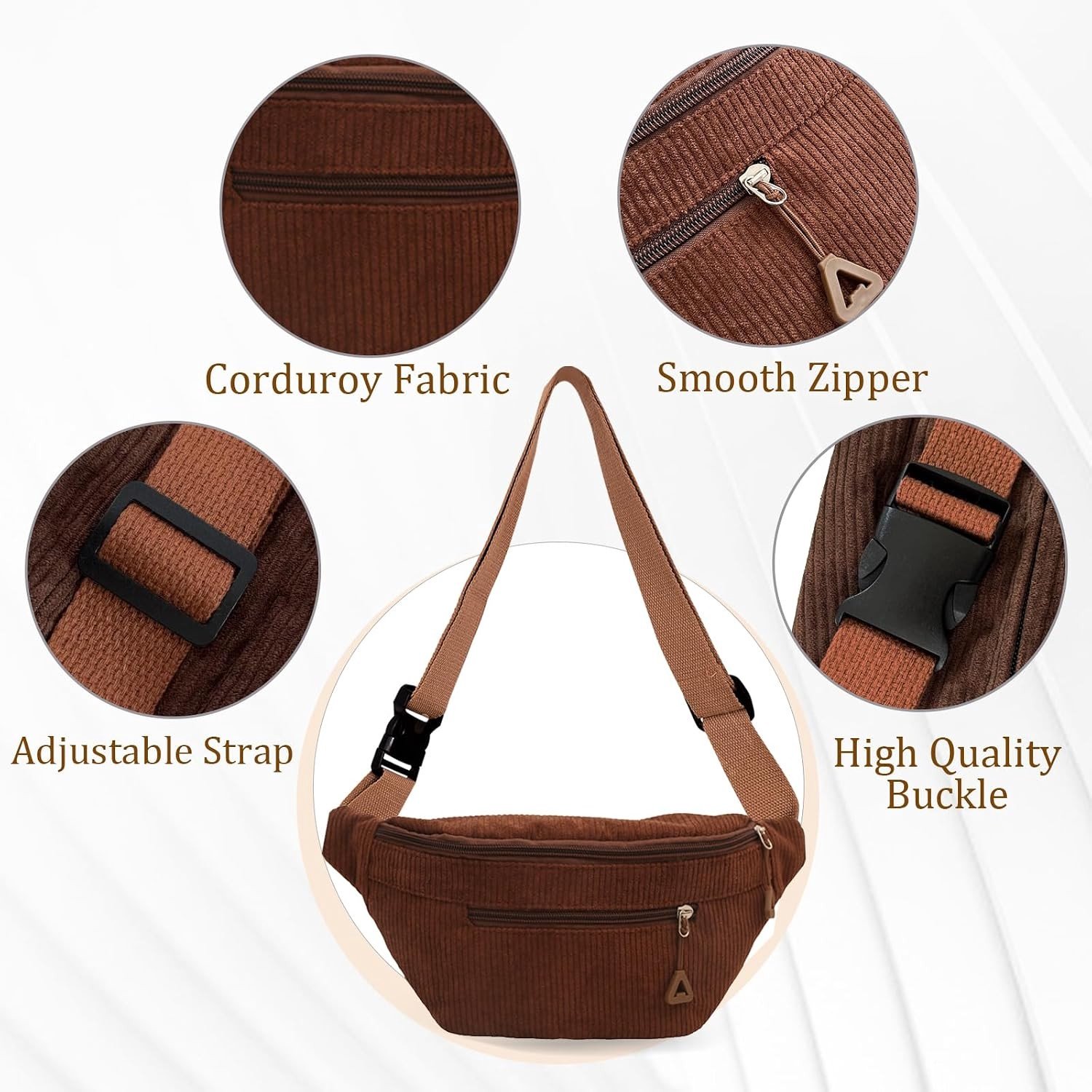 Heup- en Schoudertas van Corduroy in Effen Kleur met Rits en Verstelbare Schouderband voor Vrouwen, Perfect voor Dagelijks Gebruik en Reizen