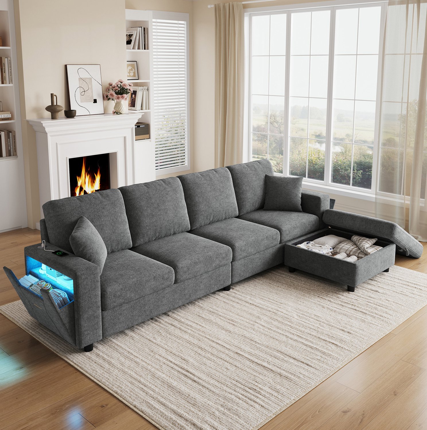 DESMIU Hoekbank 282 x 153 x 82 cm - 4-Zits Met Opberghocker, Ledverlichting, USB En Type-C - Voor Woonkamer - Polyester Grijs