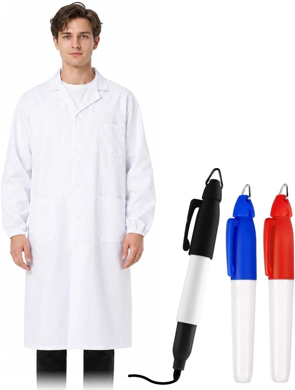 Witte unisex laboratoriumjas van zuiver katoen met lange mouwen, beschermkleding voor chemieles, studie en werk voor heren en dames, inclusief 3 pennen, maat L