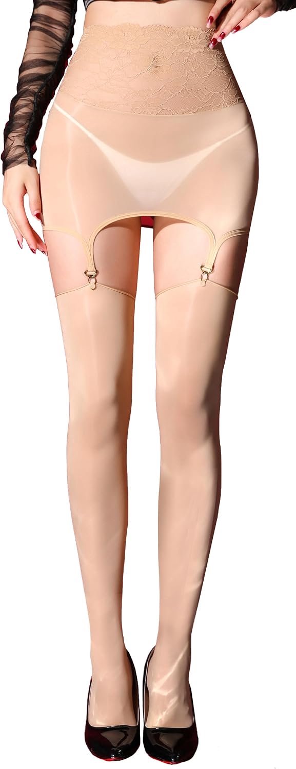 Maeau Jarretelkousen voor dames, glanzend, lichte panty, doorzichtig, kant, zonder bandjes