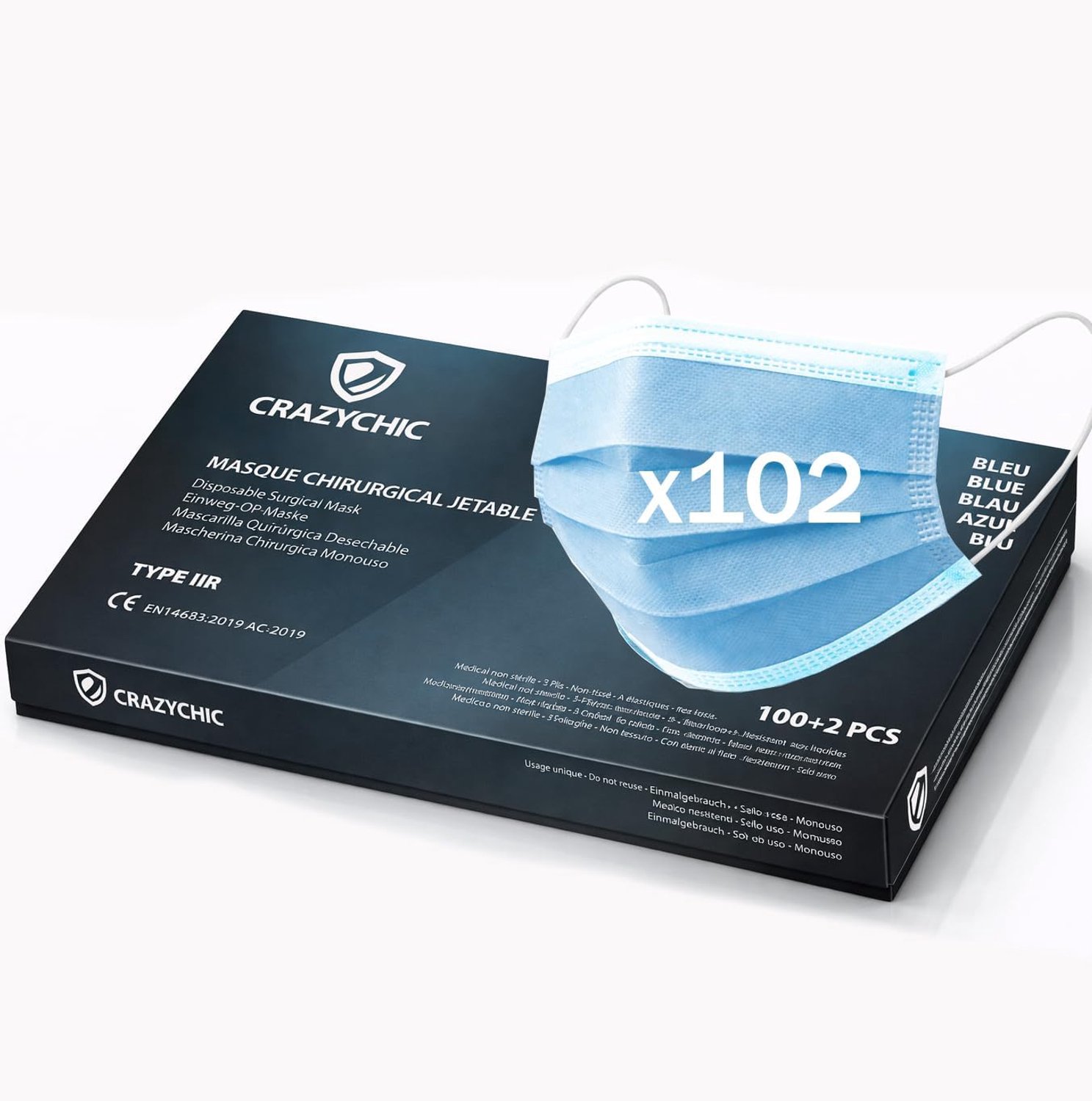 Chirurgisch masker blauw Type IIR - CE gecertificeerd - 3 lagen mondkapje - hoge filtratie EFB>99% - 102 stuks - ShopVlot