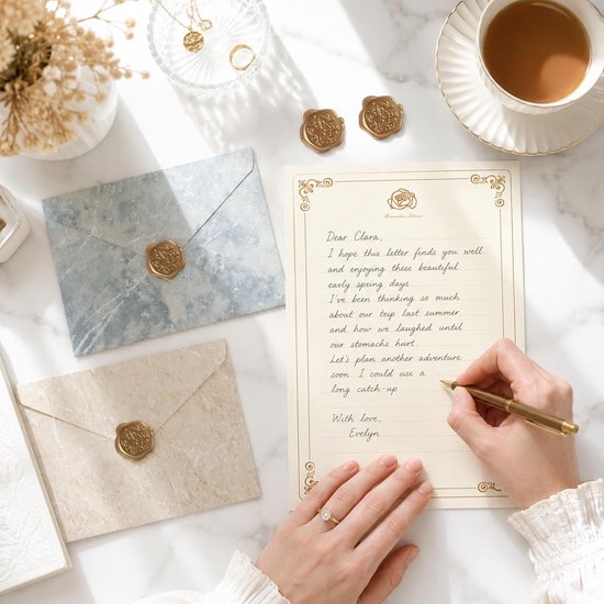 35 stuks briefpapier met envelop, 15 schrijfpapier met 10 enveloppen A5, 10 waszegels, zelfklevend, voor liefdesbrieven, huwelijksuitnodigingen, bedankkaarten, wenskaarten — afbeelding 2