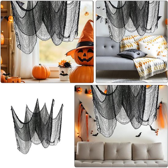 6 Stuks Delige Zwarte Halloween Gauze van Polyester-katoen Herbruikbare Lichtgewicht Spookachtige Decoratie voor Ramen Deuren Tuin voor Enge Halloween-feestjes — afbeelding 5