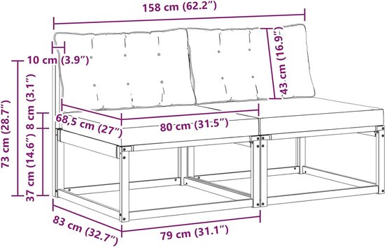 2 stuks outdoor middenbank van massief acacia in naturel met comfortabele kussens, modulaire tuinbankset voor terras, balkon, tuin, weerbestendige constructie — afbeelding 5