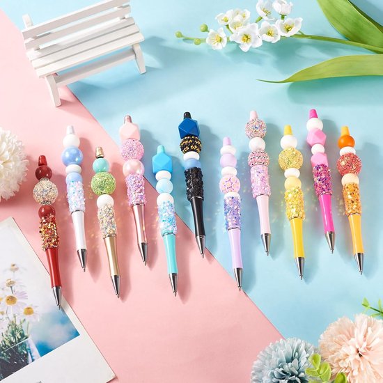 8 stuks kralenpennen bling glitter strass kralen pennen doe-het-zelf plastic balpennen schacht zwarte inkt balpen voor doe-het-zelf pen decoraties benodigdheden kantoor school - roze — afbeelding 4