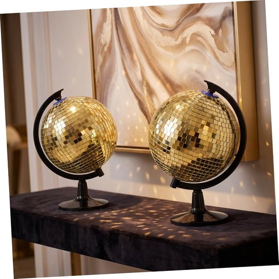 2 Stuks Gouden Disco Bal Decoratie met Zwarte Standaard Reflecterende Spiegelbol voor Retro Feest Kantoor Woonkamer Uniek Modern Tafeldecor Draagbaar Veelzijdig — afbeelding 4