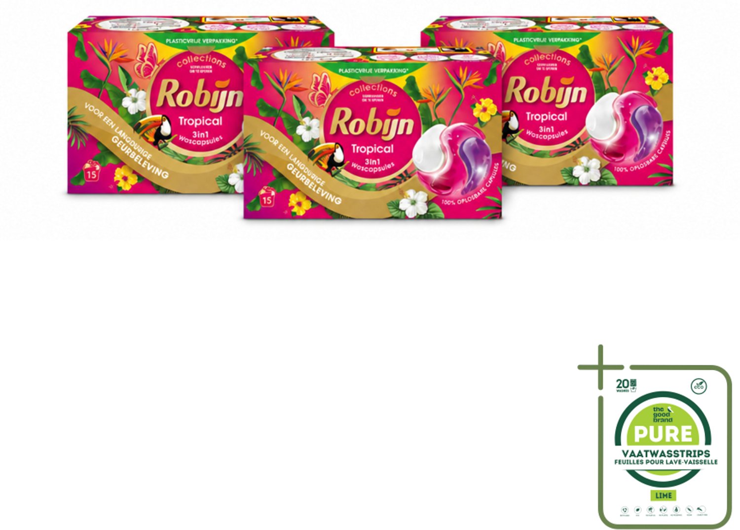 3 x Robijn - 3-in-1 Tropical - Wascapsules - 15 Wasbeurten - Grootverpakking - Vaatwasstrips - Tropische Geur - Wascapsules - Kleurbehoud - Wasverzachter - Biologisch Afbreekbaar
