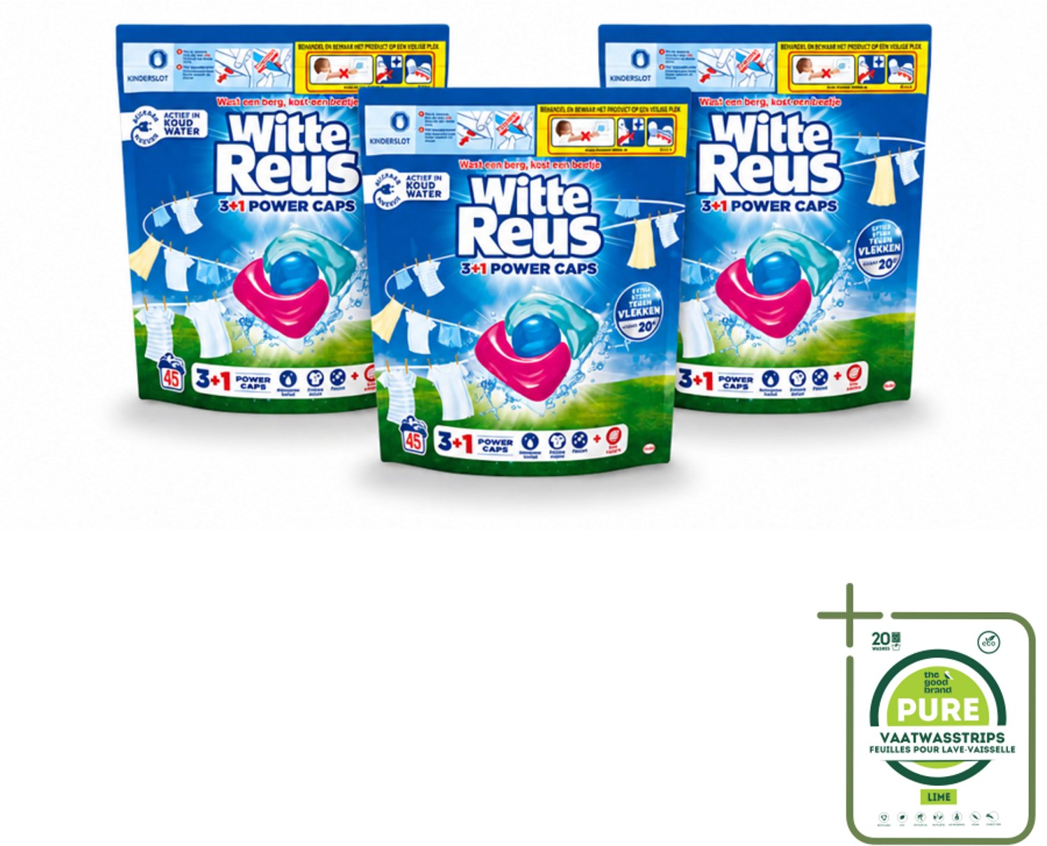 3 x Witte Reus - 3+1 Power Caps - Witte Was - 45 Wasbeurten - Grootverpakking - Vaatwasstrips - Witte Reus Power Caps - Waskracht - Witte Wasgoed - Lichtgekleurd Wasgoed - Vlekverwijdering