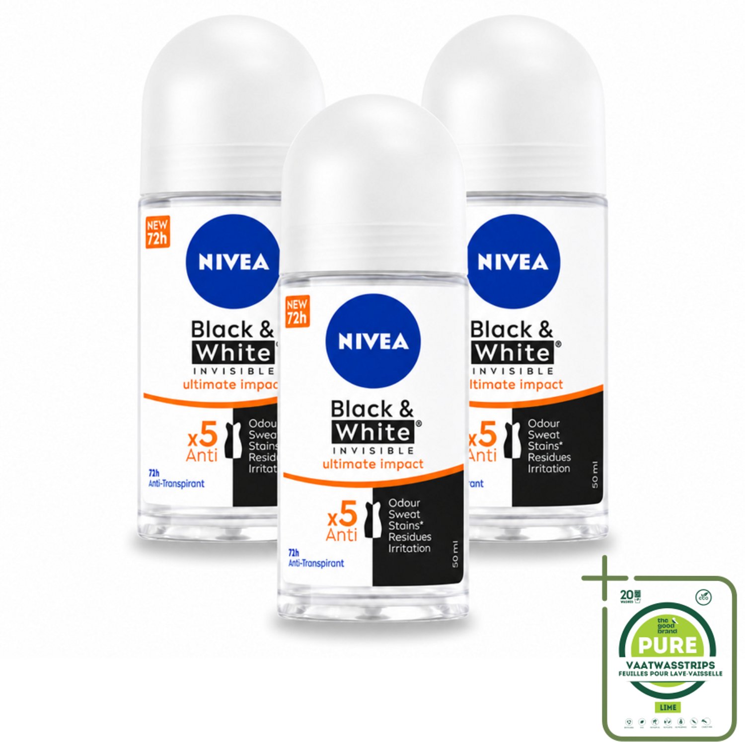 3 x NIVEA - Deodorant Roller - Zwart & Wit Ultieme Impact - 72 Uur Anti-Transpirant - 50 ml - Grootverpakking - Deodorant Roller - Anti-vlek - Anti-transpirant - Huidbescherming - Kledingbescherming