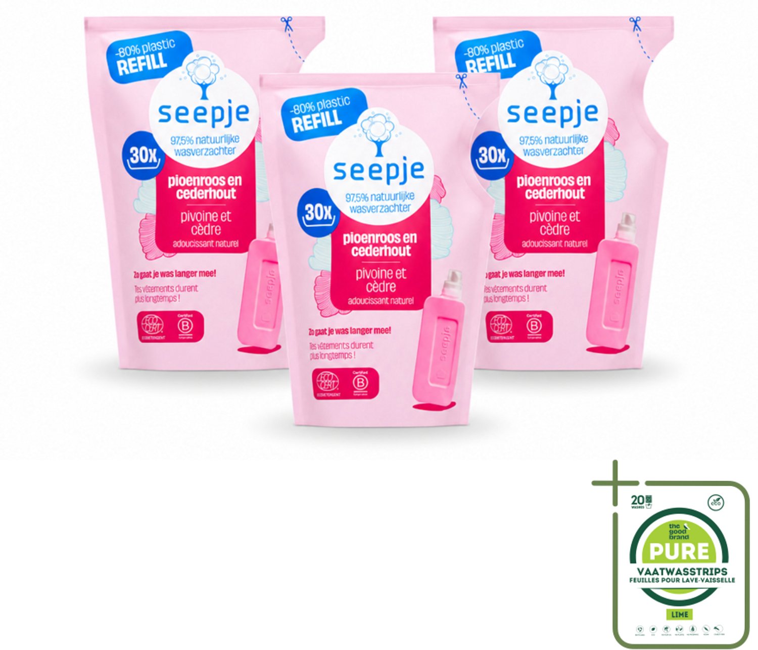 3 x Seepje - Wasverzachter - Duurzaam & Frisse Geur - Navulling - Pioenroos en Cederhout - 30 Wasbeurten - 750 ml - Grootverpakking - Vaatwasstrips - Wasverzachter - Natuurlijke Wasverzachter - Pioenroos - Cederhout - Frisse Geur