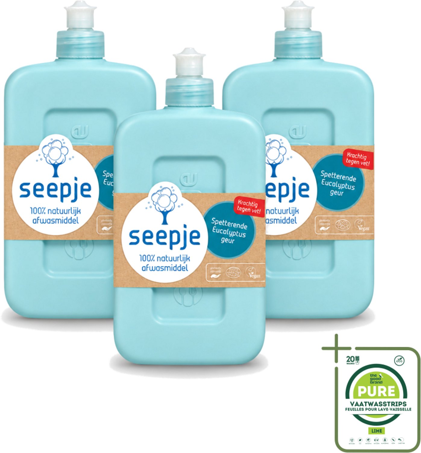 3 x Seepje - Afwasmiddel - Verfrissend & Zacht voor de Handen - Spetterende Eucalyptus - 500 ml - Grootverpakking - Vaatwasstrips - Afwasmiddel - Eucalyptus - Handen Reinigen - Natuurlijk Afwasmiddel - Vet Verwijderen