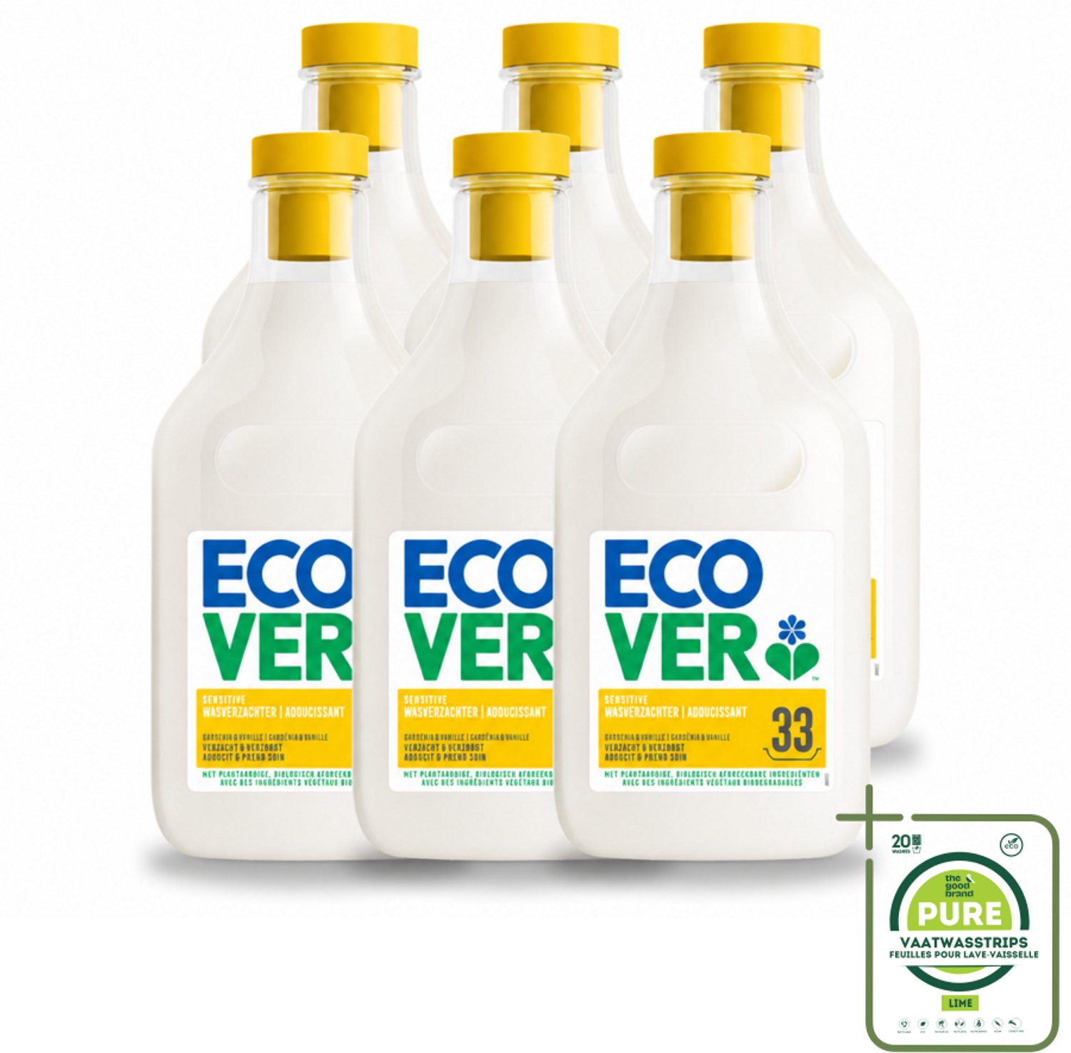6 x Ecover - Wasverzachter - Gardenia - 1 liter - 33 wasbeurten - Grootverpakking - Vaatwasstrips - Wasverzachter - Wasverzachter Gardenia En Vanille - Wasverzachter Voor Kleding - Wasverzachter Voor Gevoelige Huid - Wasverzachter Biologisch