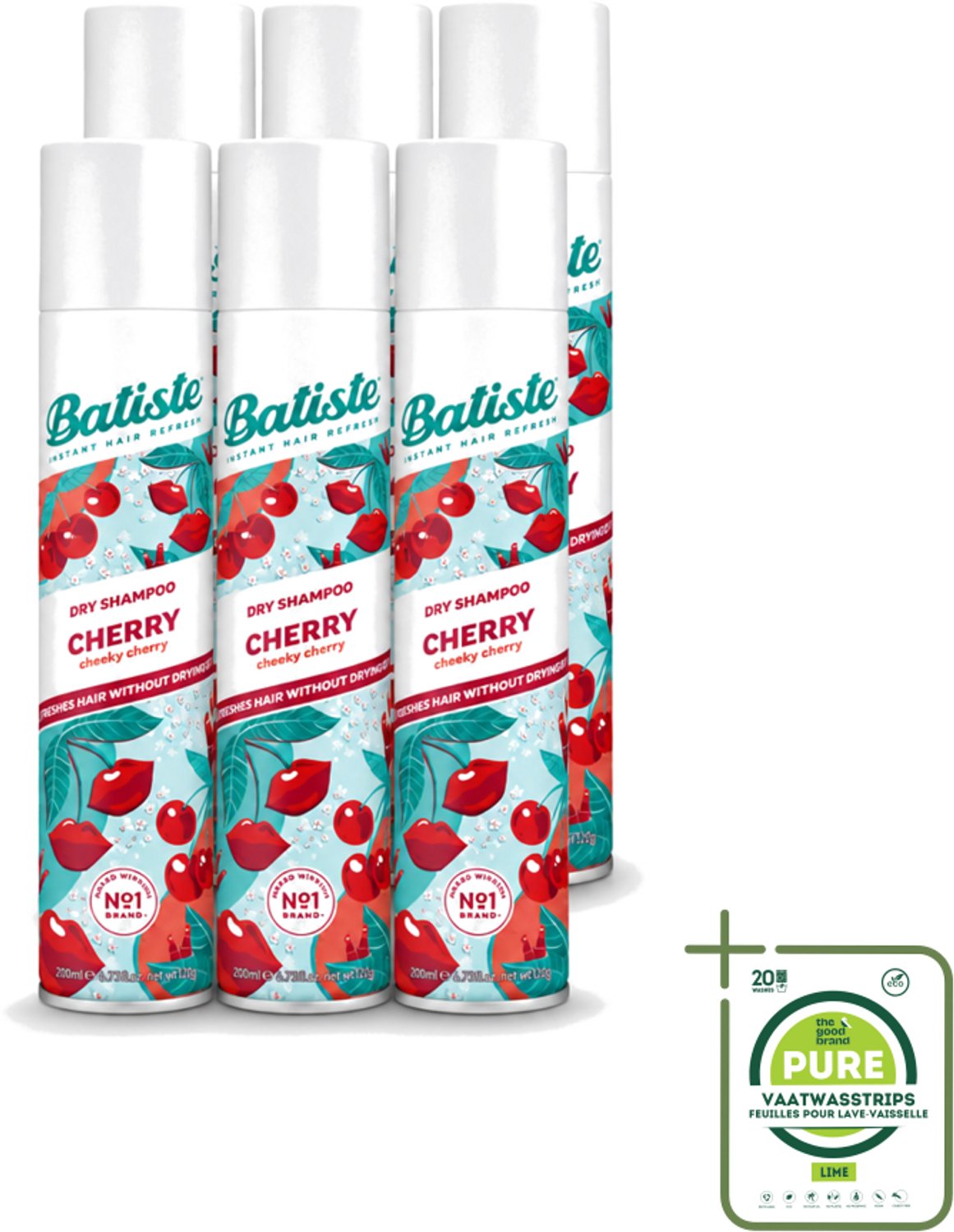 6 x Batiste - Cherry - Droogshampoo - Kersenbloesem Geur - Verfrist en Geeft Volume - 200ml - Grootverpakking - Vaatwasstrips - Droogshampoo - Kersengeur - Haar Opfrissen - Haar Frisheid - Haar Volume
