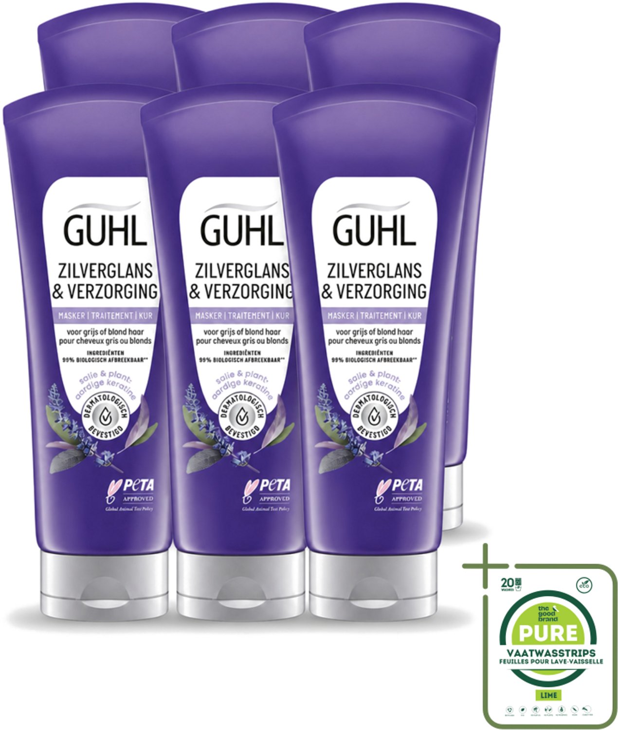 6 x Guhl - Haarmasker - Zilverglans & Verzorging Anti-Geel - 200 ml - Grootverpakking - Vaatwasstrips - Anti-geel Haarmasker - Geel Gloed Neutraliseren - Stralend Blond Haar - Grijs Haar Verzorgen - Haarkleur Opfrissen