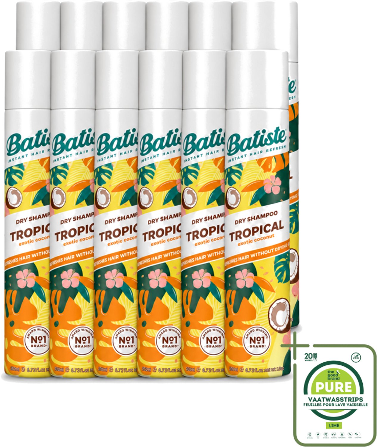 12 x Batiste - Tropical - Droogshampoo - Tropische Geur - Verfrist en Stylet - 200ml - Grootverpakking - Vaatwasstrips - Droogshampoo - Fris Haar - Tropische Geur - Haarkleur - Haartype