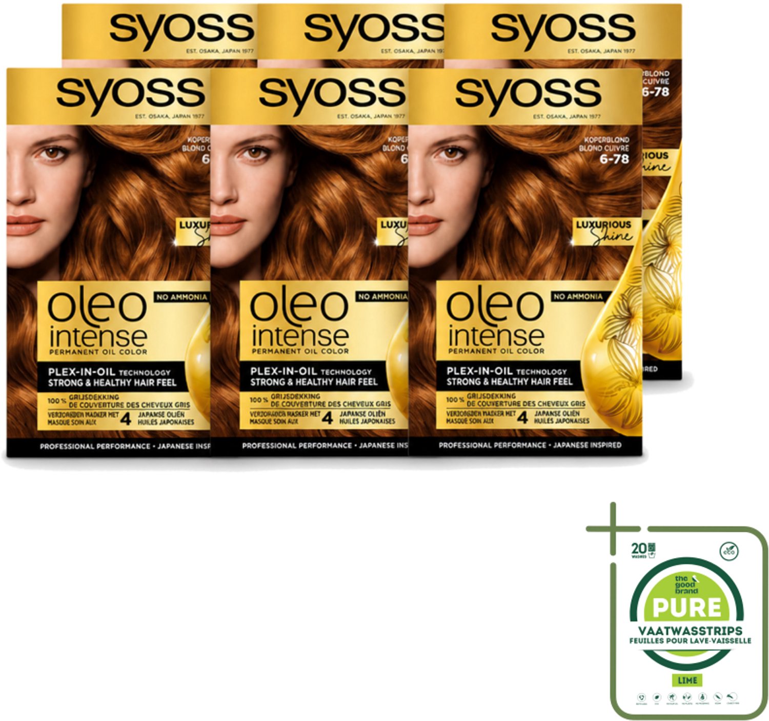6 x SYOSS - Oleo Intense 6-78 - Haarverf - Permanente Haarkleuring - Koperblond - Langdurige Kleur - Grootverpakking - Vaatwasstrips - Haarkleuring - Koperblond - Olie-formule - Grijsdekking - Haarverzorging