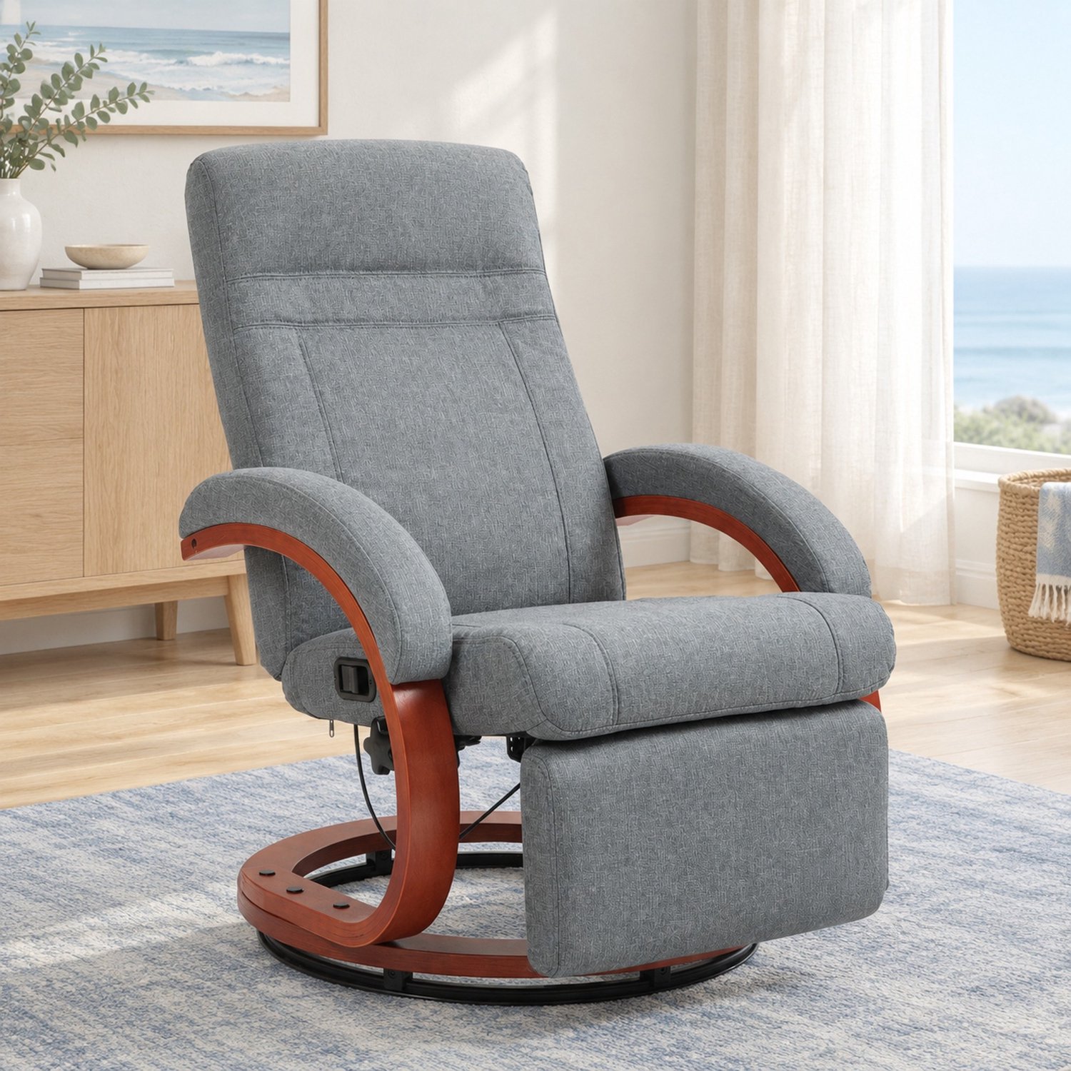 DESMIU Relaxfauteuil 68 cm - 360 Graden Draaibaar - Verstelbare Rugleuning Met Voetsteun - Voor Woonkamer En Televisie - Houten Armleuningen - Stof Grijs