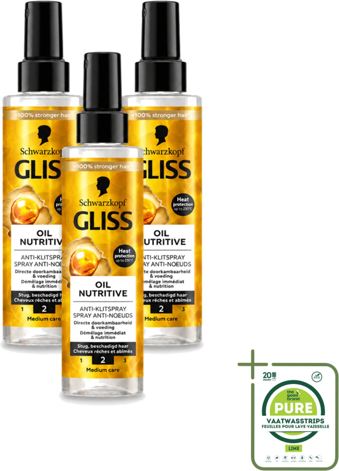 3 x Gliss - Hair Repair - Anti-Klitspray - Oil Nutritive - Makkelijk Doorkambaar Haar - 200 ml - Grootverpakking - Vaatwasstrips - Anti-klit - Klitspray - Voeding Haar - Droog Haar - Gespleten Punten