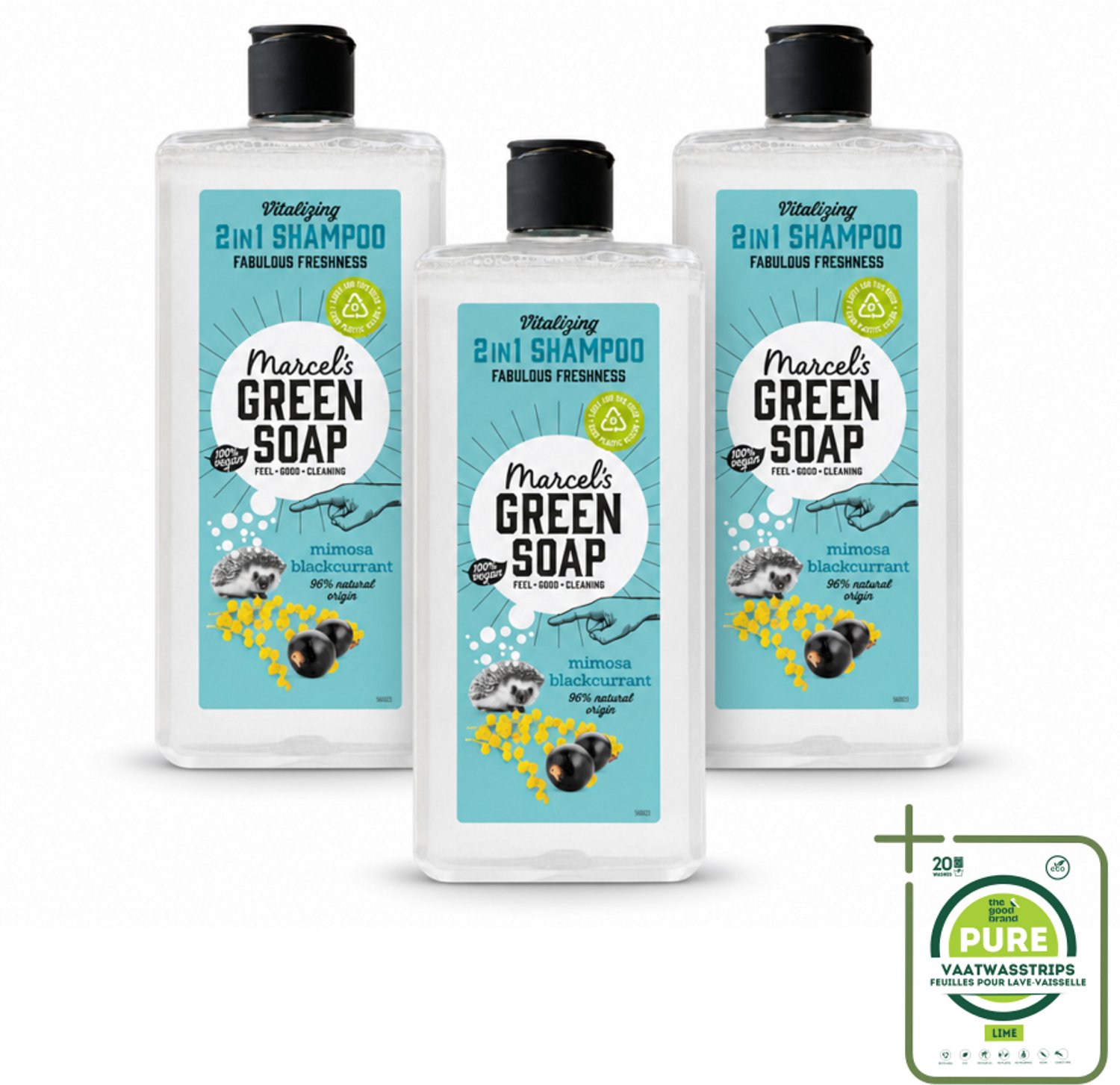 3 x Marcel's Green Soap - Shampoo & Conditioner 2-in-1 - Mimosa & Black Currant - Verzorging in één - 300 ml - Grootverpakking - Haarverzorging - Natuurlijke Shampoo - Natuurlijke Conditioner - 2 In 1 Shampoo Conditioner - Mimosa En Zwarte Bes