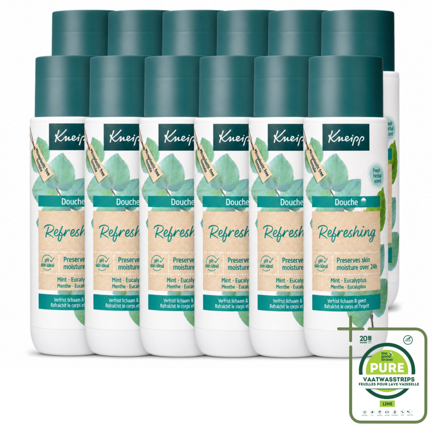 12 x Kneipp - Douchegel - Refreshing - Mint Eucalyptus - 200 ml - Grootverpakking - Vaatwasstrips - Douchegel - Frisheid - Eucalyptus - Mint - Natuurlijke Oliën