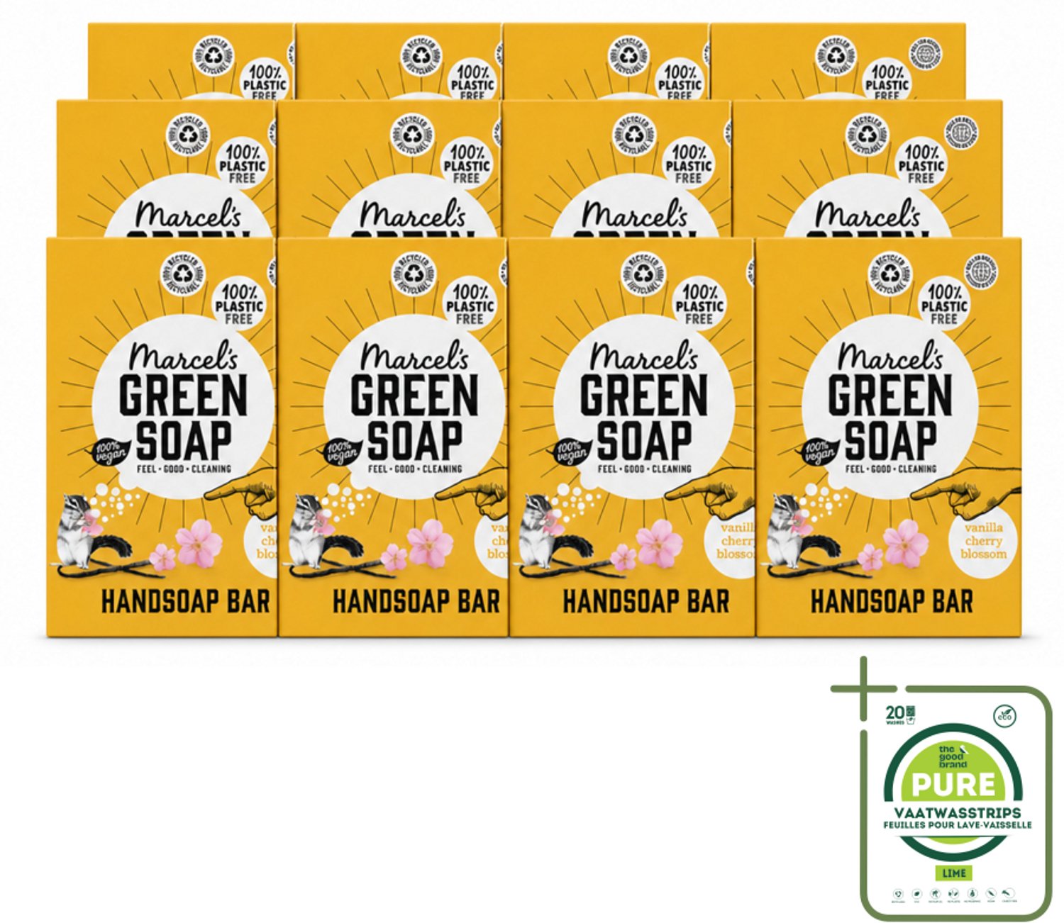 12 x Marcel's Green Soap - Handzeep Bar - Vanille & Cherry Blossom - Krachtige werking - 90 gr - Grootverpakking - Vaatwasstrips - Handzeep Bar - Plasticvrije Handzeep - Vegan Handzeep - Natuurlijke Handzeep - Duurzame Handzeep