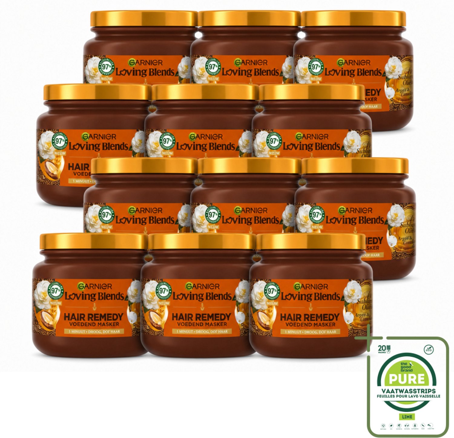 12 x Garnier - Loving Blends - Haarmasker - Argan & Cameliaolie - Droog & Dof Haar - 340 ml - Grootverpakking - Vaatwasstrips - Haarmasker - Arganolie - Cameliaolie - Droog Haar - Dof Haar