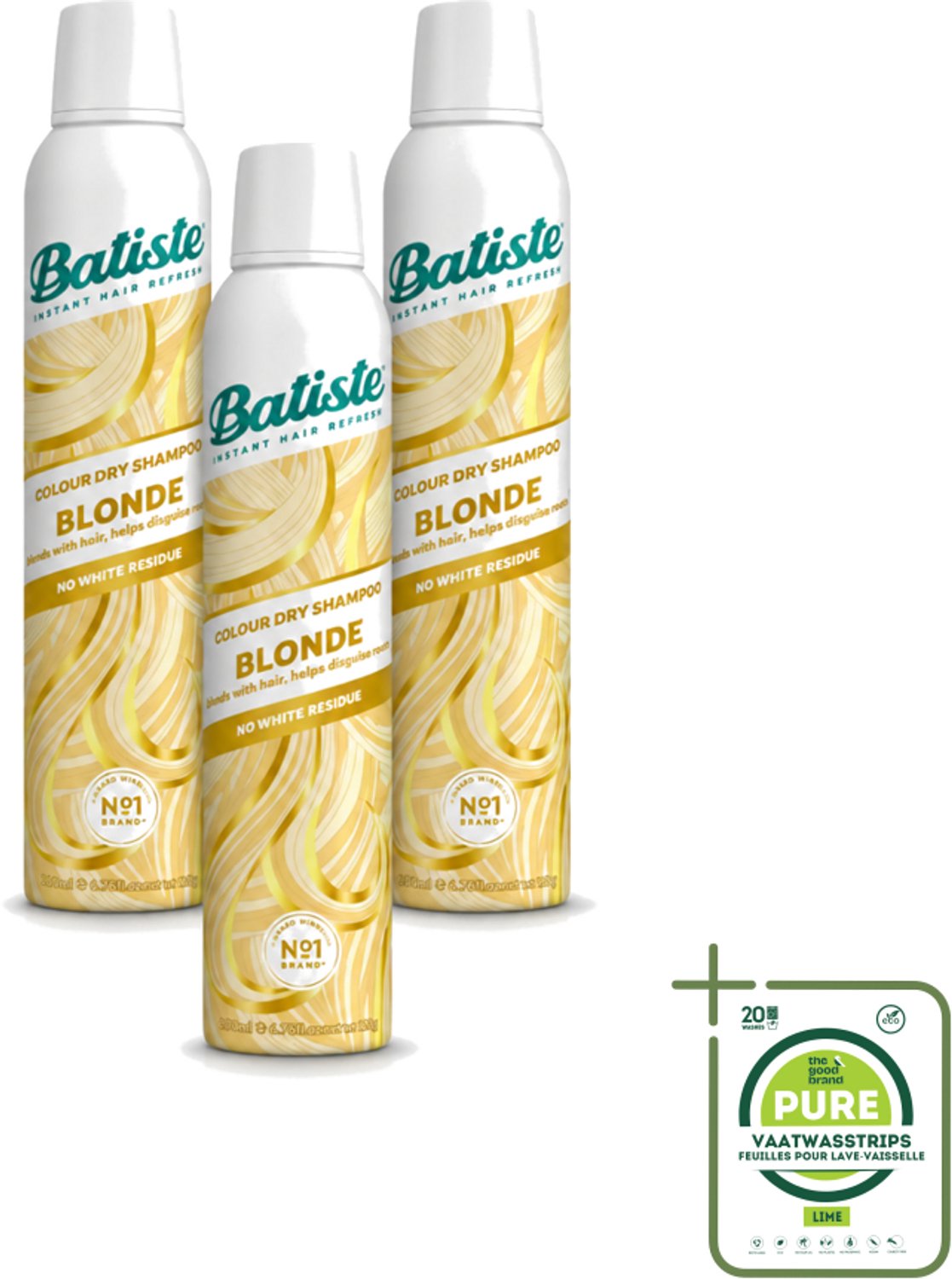 3 x Batiste - Hint of Colour Light Blond - Droogshampoo - Verfrist en Verlevendigt Lichtblond Haar - 200ml - Grootverpakking - Vaatwasstrips - Lichtblond Haar - Droogshampoo - Kleurcorrectie - Haarfrisheid - Haarvolume