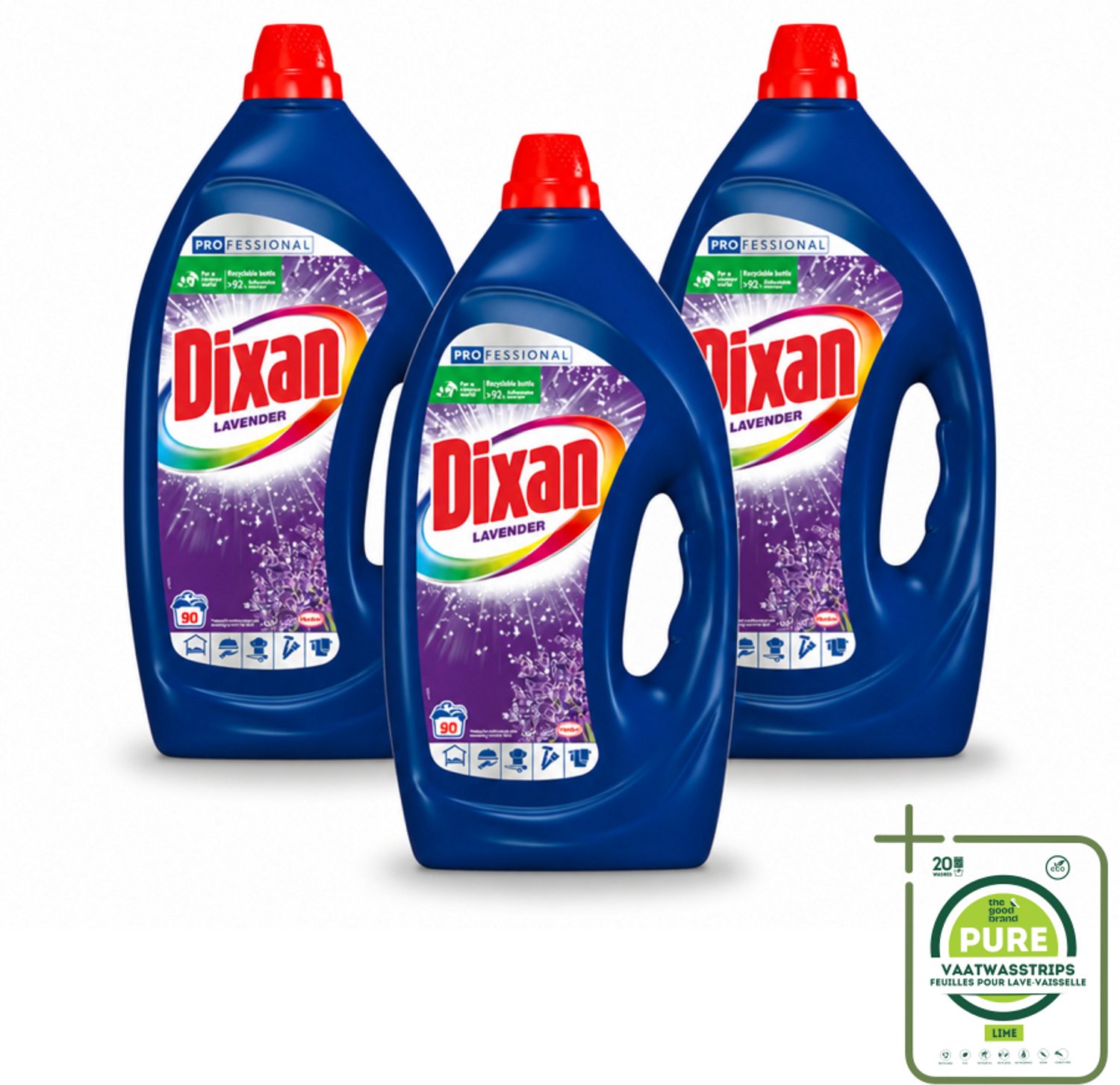 3 x Dixan - Vloeibaar wasmiddel - Fresh Lavender - Professional - 90 wasbeurten - Grootverpakking - Vaatwasstrips - Wasmiddel - Waskracht - Frisse Geur - Lavendel - Reiniging