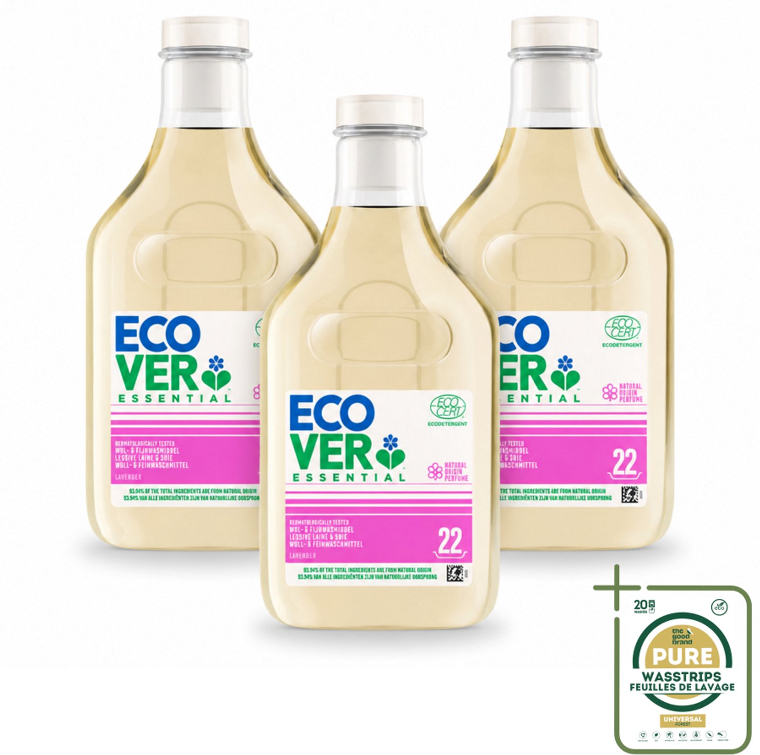 3 x Ecover - Vloeibaar wasmiddel Essential - Wol & Fijnwas - 1 liter - 22 wasbeurten - Wasstrips - Wasmiddel Wol En Fijnwas - Zachte Wasmiddel - Delicate Stoffen Wasmiddel - Natuurlijk Wasmiddel - Milieuvriendelijk Wasmiddel