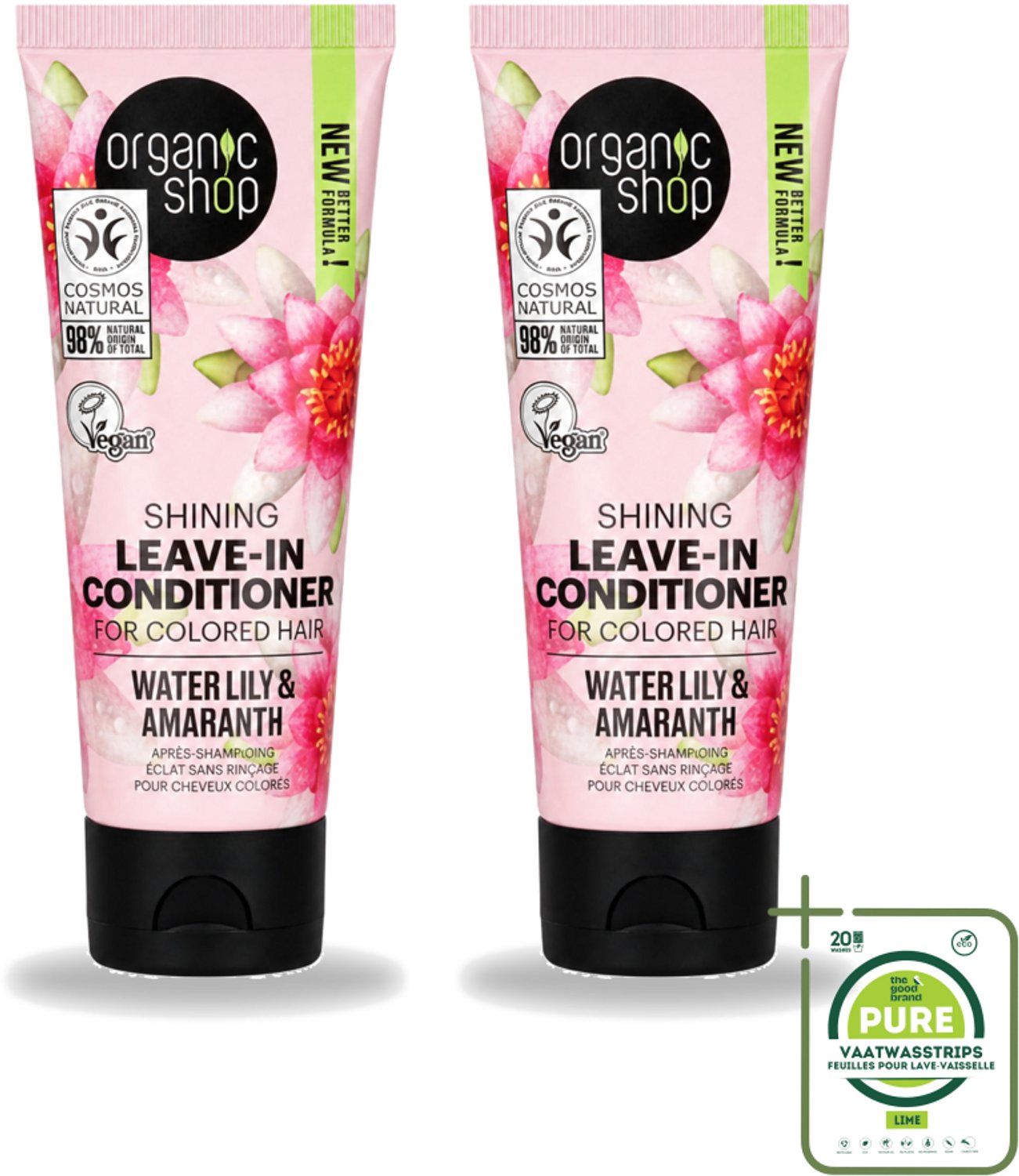 2 x Organic Shop - Shining Leave-In Conditioner Water Lily & Amaranth - 75 ml - Grootverpakking - Vaatwasstrips - Haarkleur Bescherming - Natuurlijke Haarkleur - Gezond Haar - Haarverzorging - Leave-in Conditioner