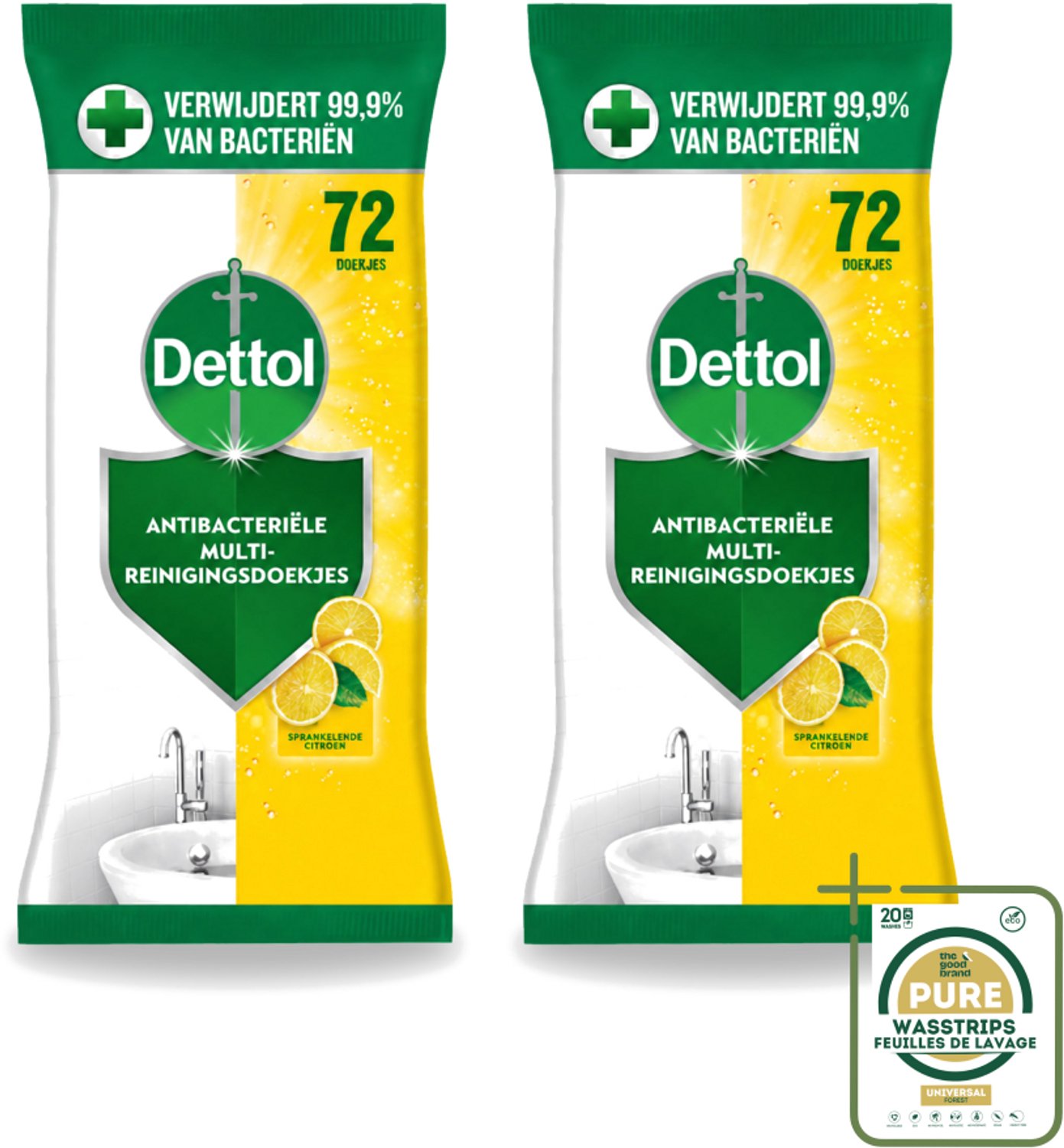 2 x Dettol - Reinigingsdoekjes - Sprankelende Citroen - 99,9% Bacterieverwijdering - 72 Doekjes - Reinigingsdoekjes - Hygiëne - Bacterieverwijdering - Citroengeur - Schone Omgeving