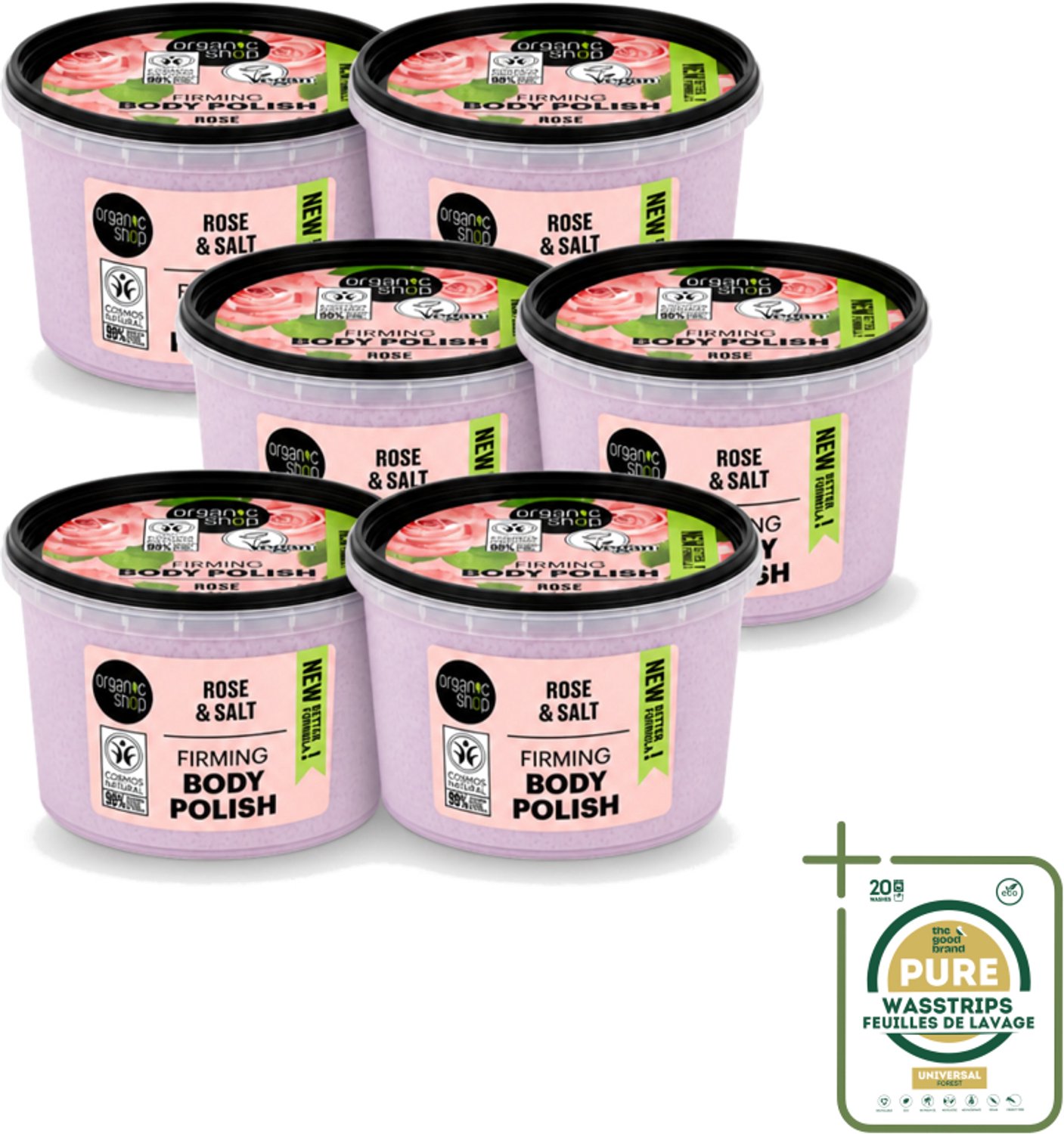 6 x Organic Shop - Body Scrub Rose - Hydraterend en Verzorgend - 250 ml - Wasstrips - Bodyscrub - Huidpeel - Huidverzorging - Natuurlijke Huidpeel - Hydraterende Bodyscrub