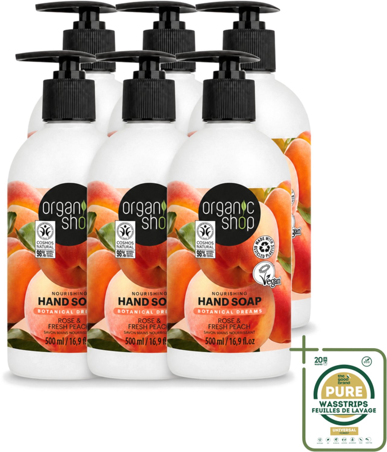 6 x Organic Shop - Handzeep Rose & Peach - Verzorgend en Hydraterend - 500 ml - Wasstrips - Handzeep - Natuurlijke Handzeep - Handverzorging - Handhydrieren - Handcrème