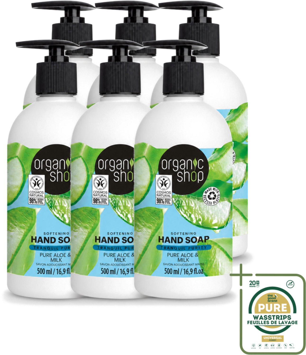 6 x Organic Shop - Handzeep Aloe & Milk - Verzachtend en Hydraterend - 500 ml - Wasstrips - Handzeep - Aloe - Melk - Natuurlijke Handzeep - Handverzorging