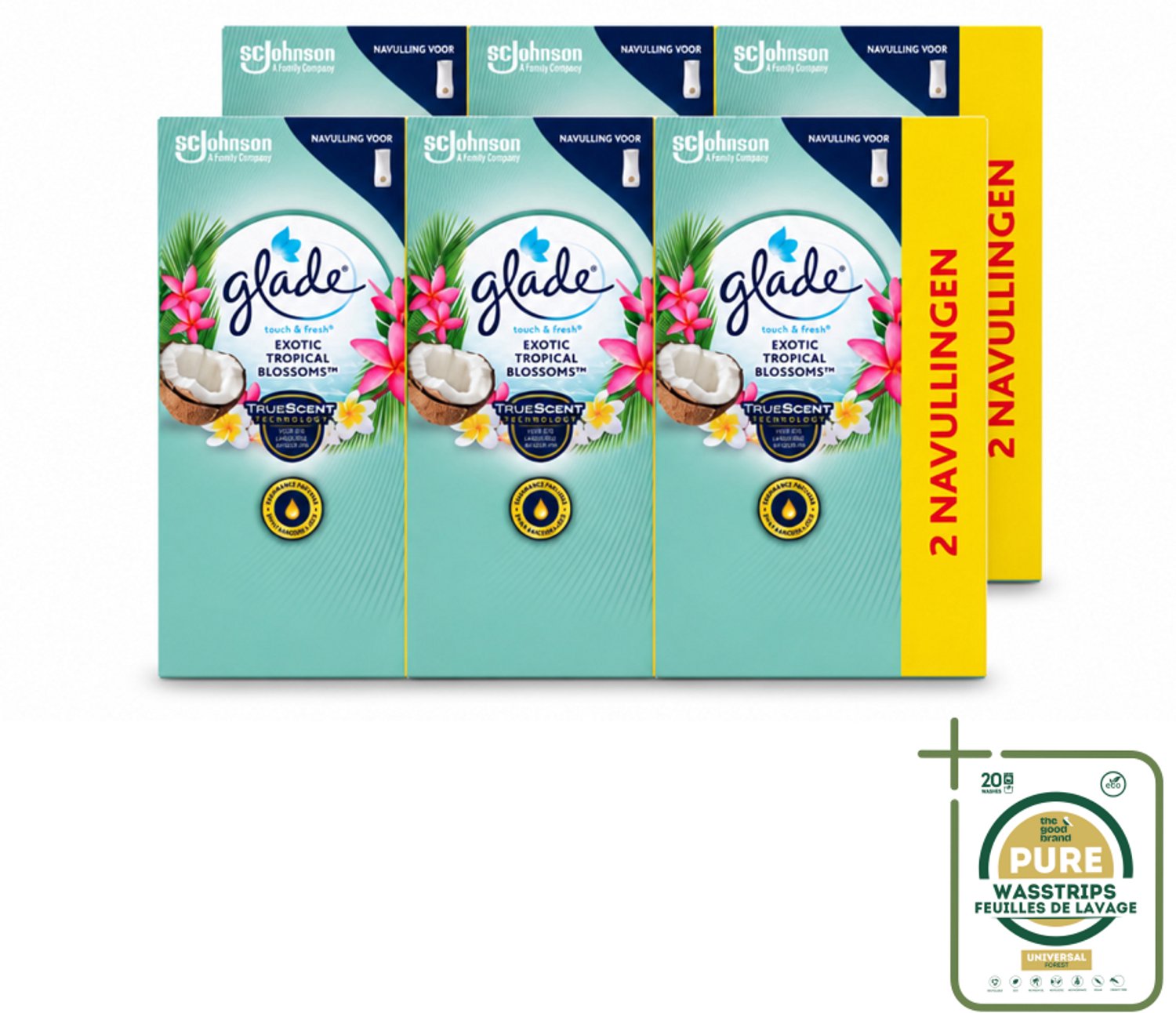 6 x Glade - Touch & Fresh - Exotic Tropical Blossoms - 2x 10 ml - Wasstrips - Luchtverfrisser - Geur - Geurbeleving - Frisheid - Geur In Huis