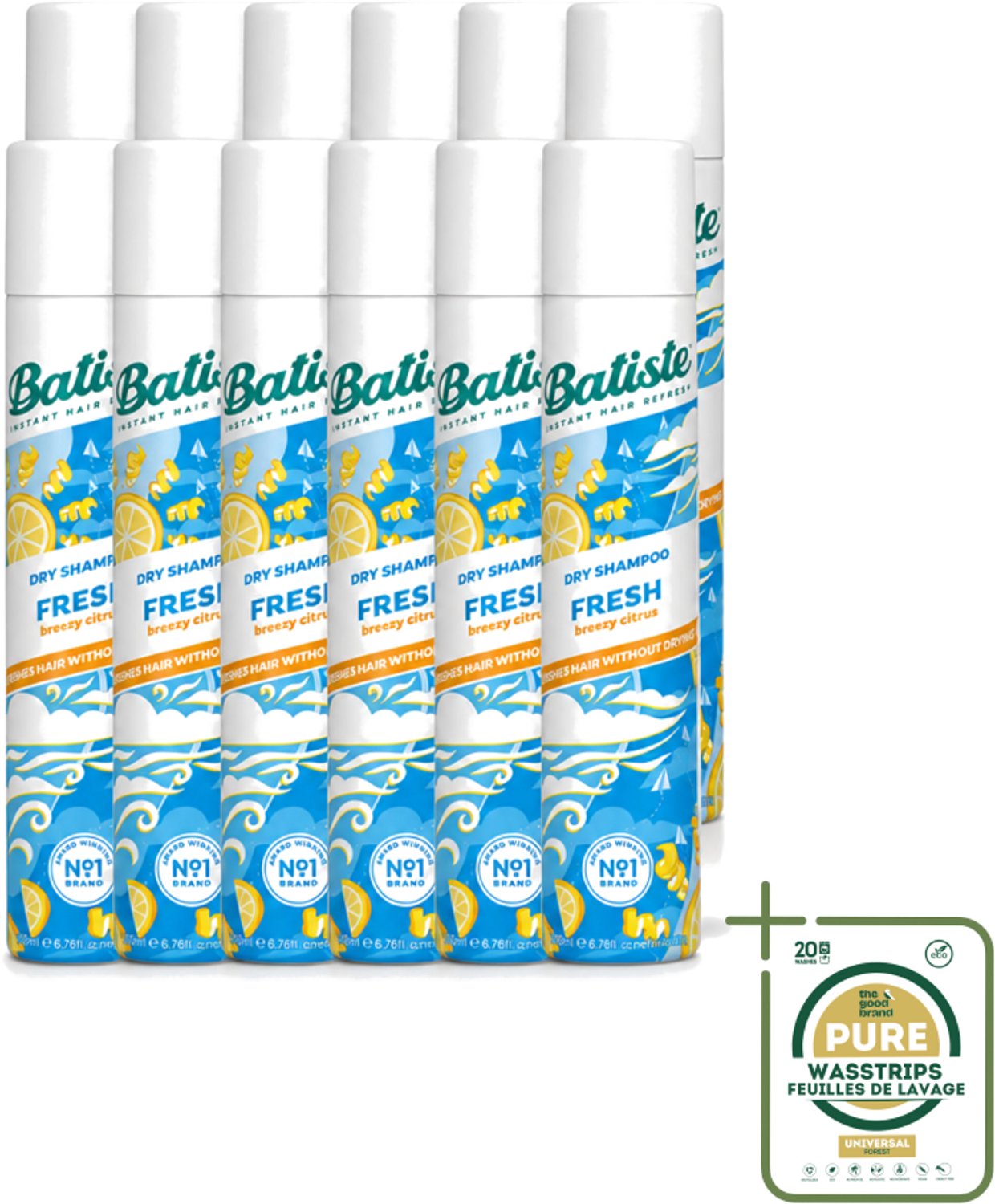 12 x Batiste - Fresh - Droogshampoo - Koele en Schone Geur - Verfrist en Geeft Grip - 200ml - Wasstrips - Droogshampoo - Fris Haar - Schone Geur - Snel Verfrissen - Vet Haar