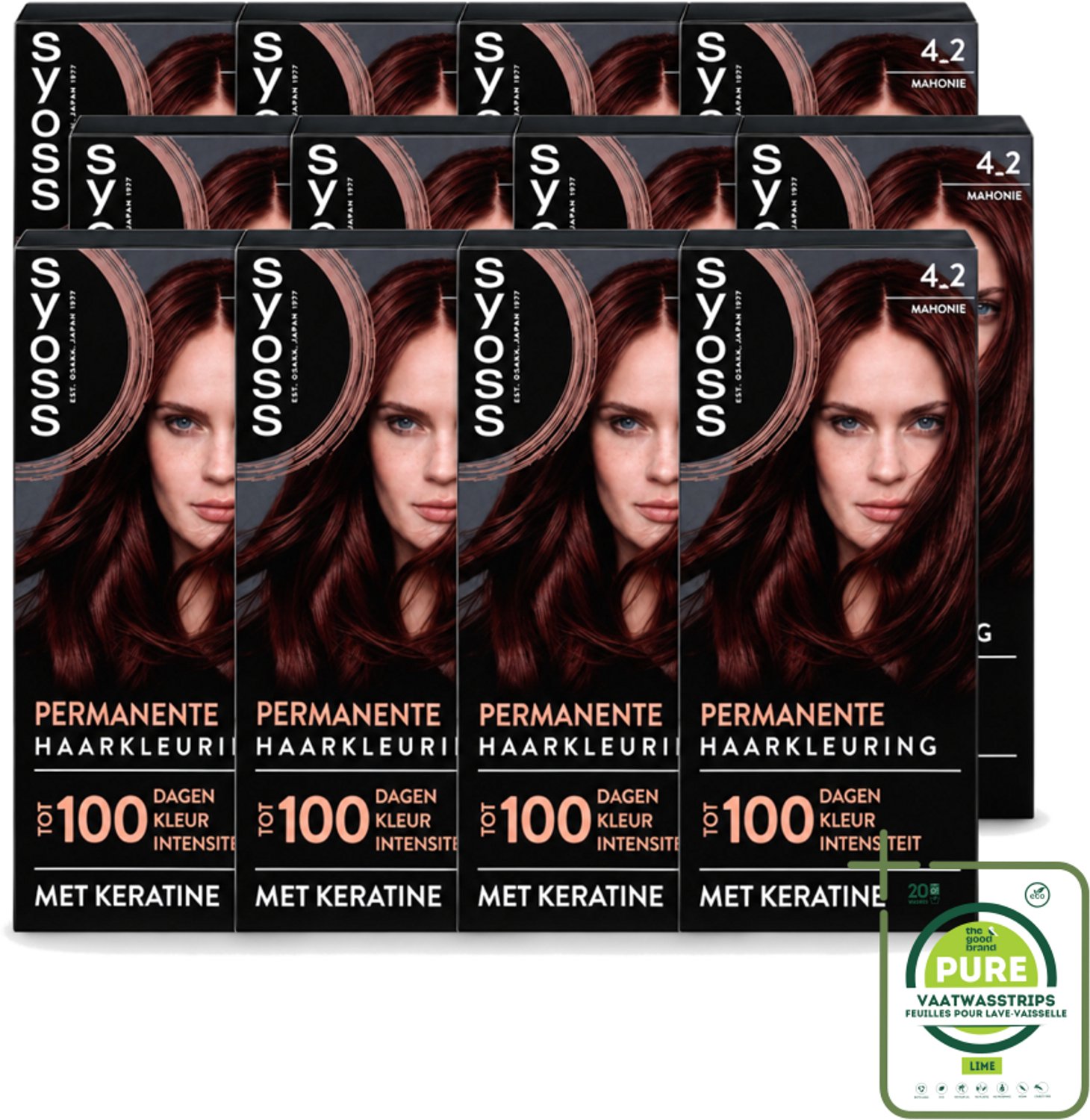 12 x SYOSS - Coloration 4-2 Mahonie - Haarverf - Grijsdekking - Vermindert Haarbreuk - Grootverpakking - Vaatwasstrips - Haarkleuring - Permanente Haarkleuring - Grijsdekking - Keratine - Haarkleur