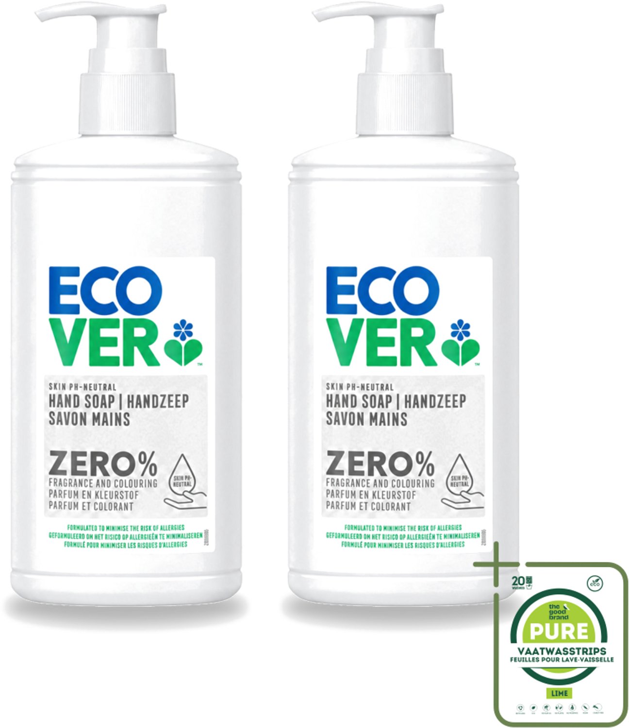 2 x Ecover - Handzeep ZERO - Parfumvrij - 250 ml - Grootverpakking - Vaatwasstrips - Handzeep - Parfumvrije Handzeep - Hypoallergene Handzeep - Gevoelige Huid - Eczeem