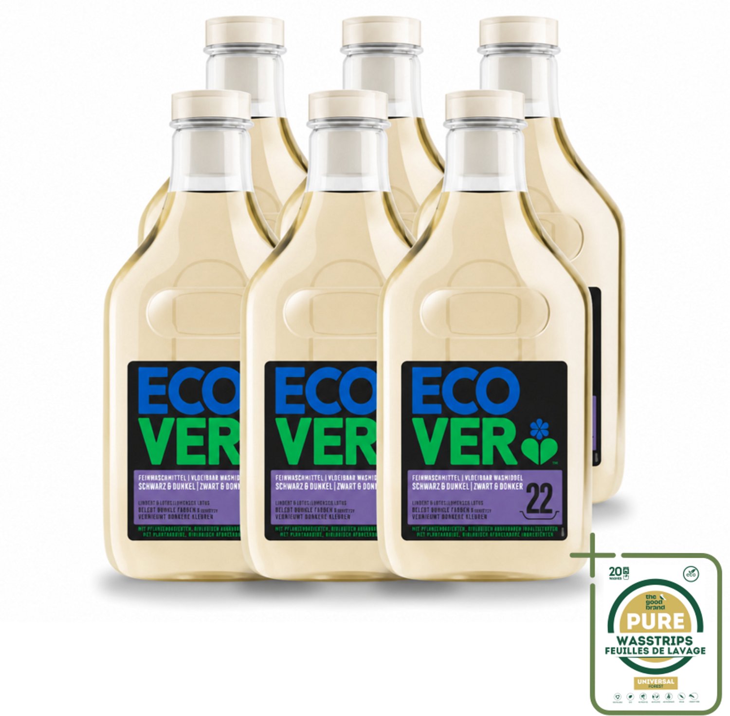 6 x Ecover - Vloeibaar wasmiddel - Zwart & Donker - 1 liter - 22 wasbeurten - Wasstrips - Donker Wasmiddel - Kleurbehoud - Donkere Stoffen - Kleuroverdracht Voorkomen - Ecologisch Wasmiddel