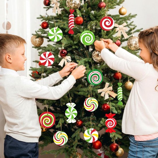 24 stuks houten kerstdecoratiehangers, kerstboomversiering, kerstsnoep, ornamenten, kleurrijke snoepdecoratie, voor kerstbomen, thuis en feestdecoratie — afbeelding 4