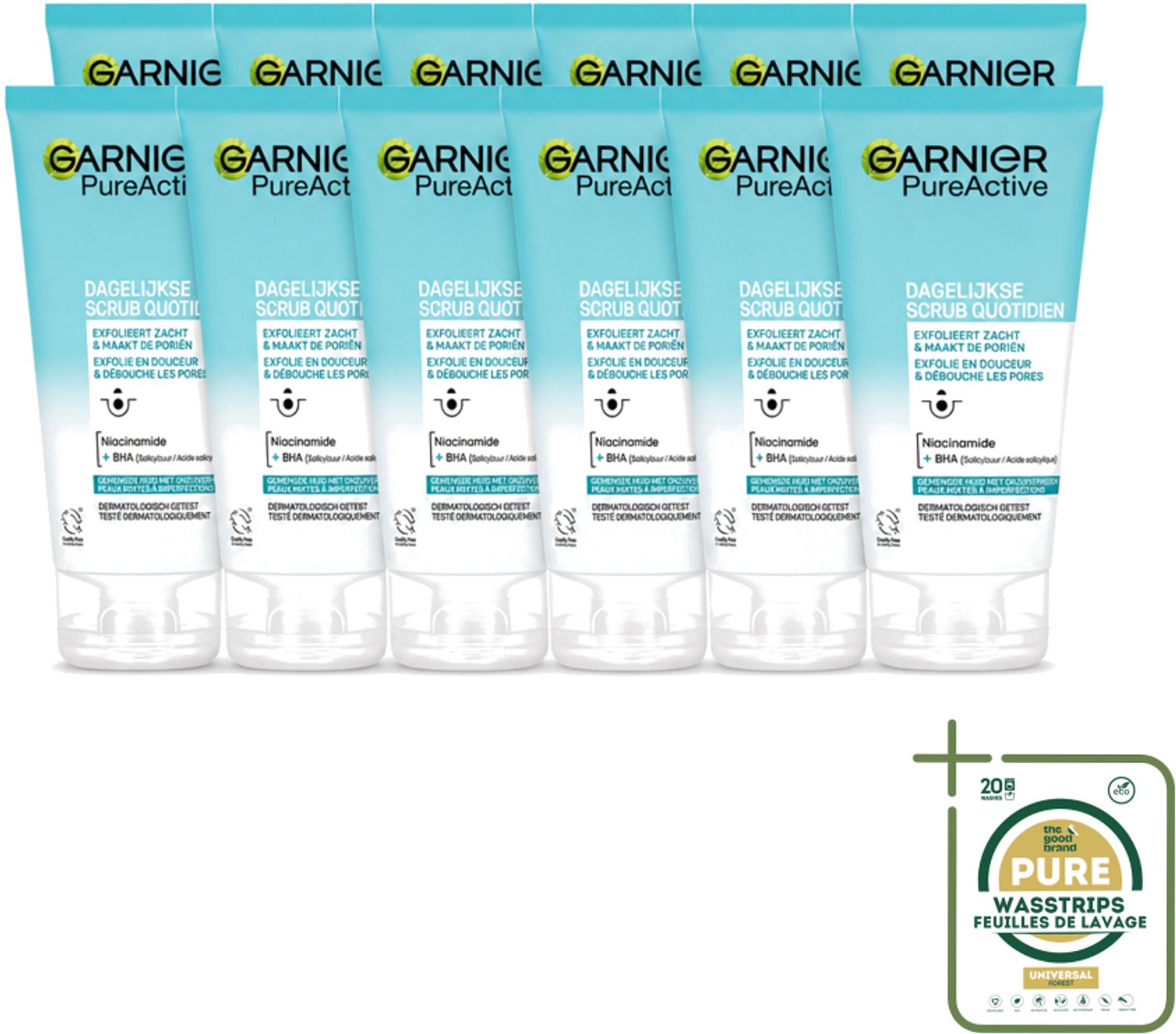 12 x Garnier - Pure Active - Dagelijkse Scrub - Niacinamide & BHA - Exfolieert & Reinigt Poriën - 150 ml - Wasstrips - Garnier Pure Active - Dagelijkse Scrub - Exfolierende Reiniging - Poriën Reinigen - Acne Behandeling