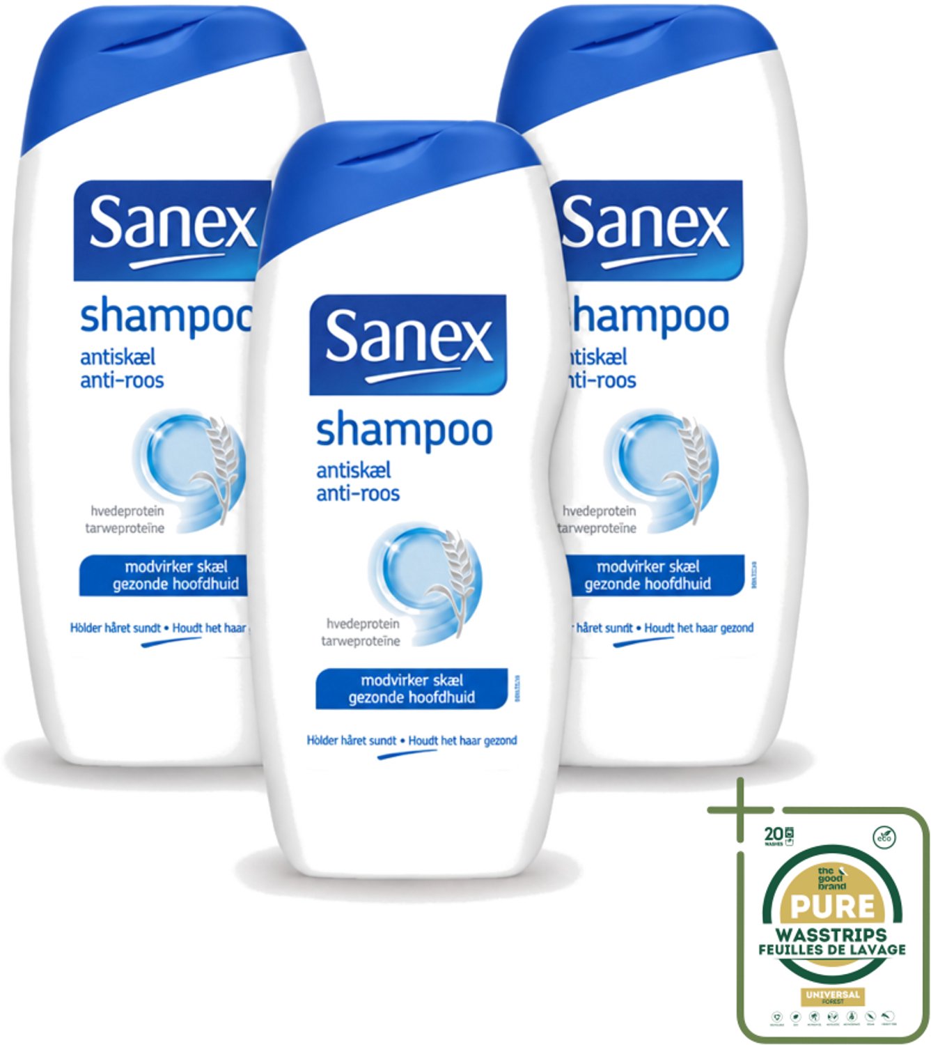 3 x Sanex - Shampoo - Anti-Roos - Tegen Schilfers - 250 ml - Wasstrips - Anti-roos Shampoo - Schilfers Shampoo - Kalmerende Shampoo - Hoofdhuid Verzorging - Schilfers Bestrijding